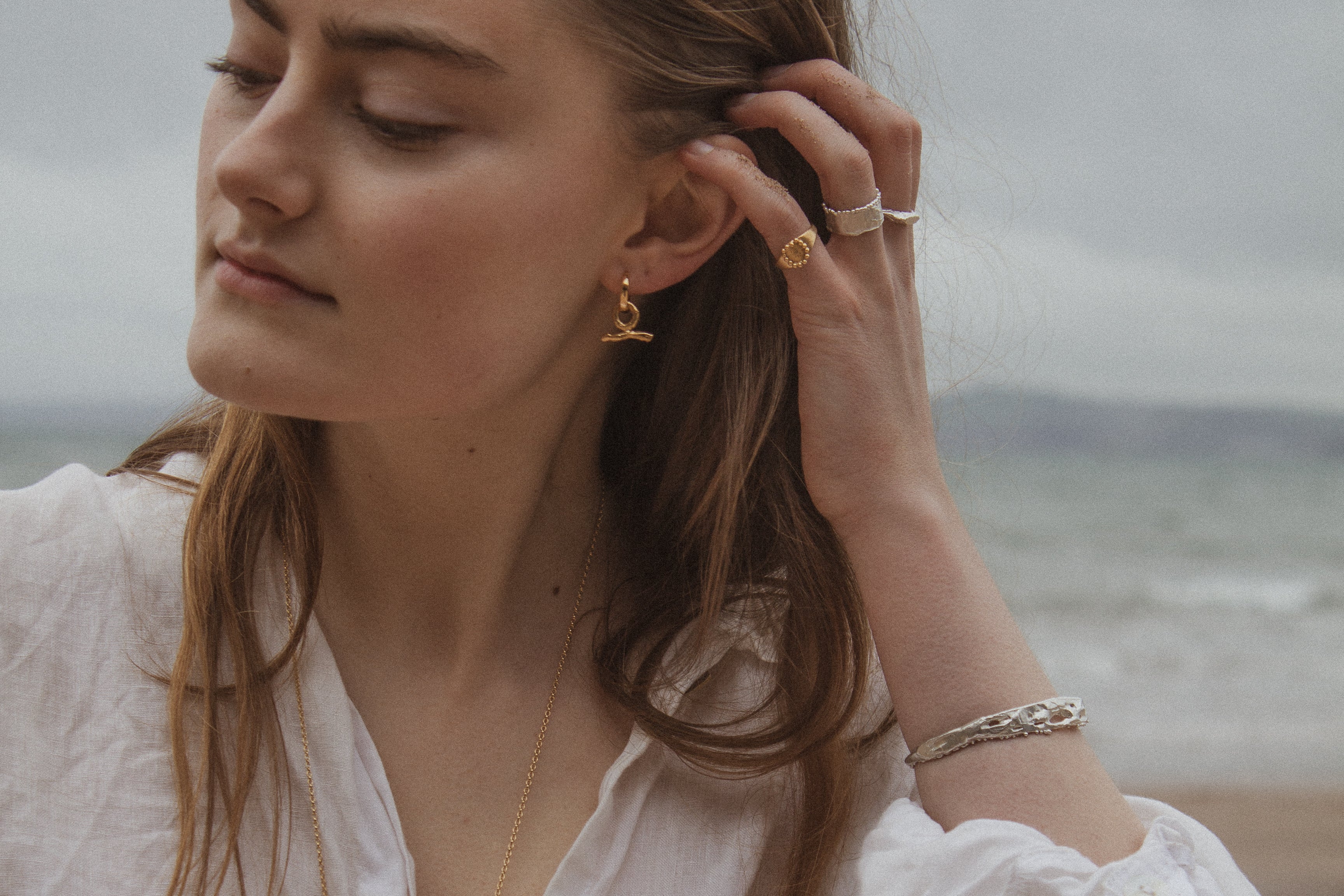 Milly-Maunder-T-Bar-Pendant-Huggie-Earrings-Molten-Texture-Gold-Plated-Everyday-Jewellery-Cool-Organic-Form-Staple-Design-Effortless