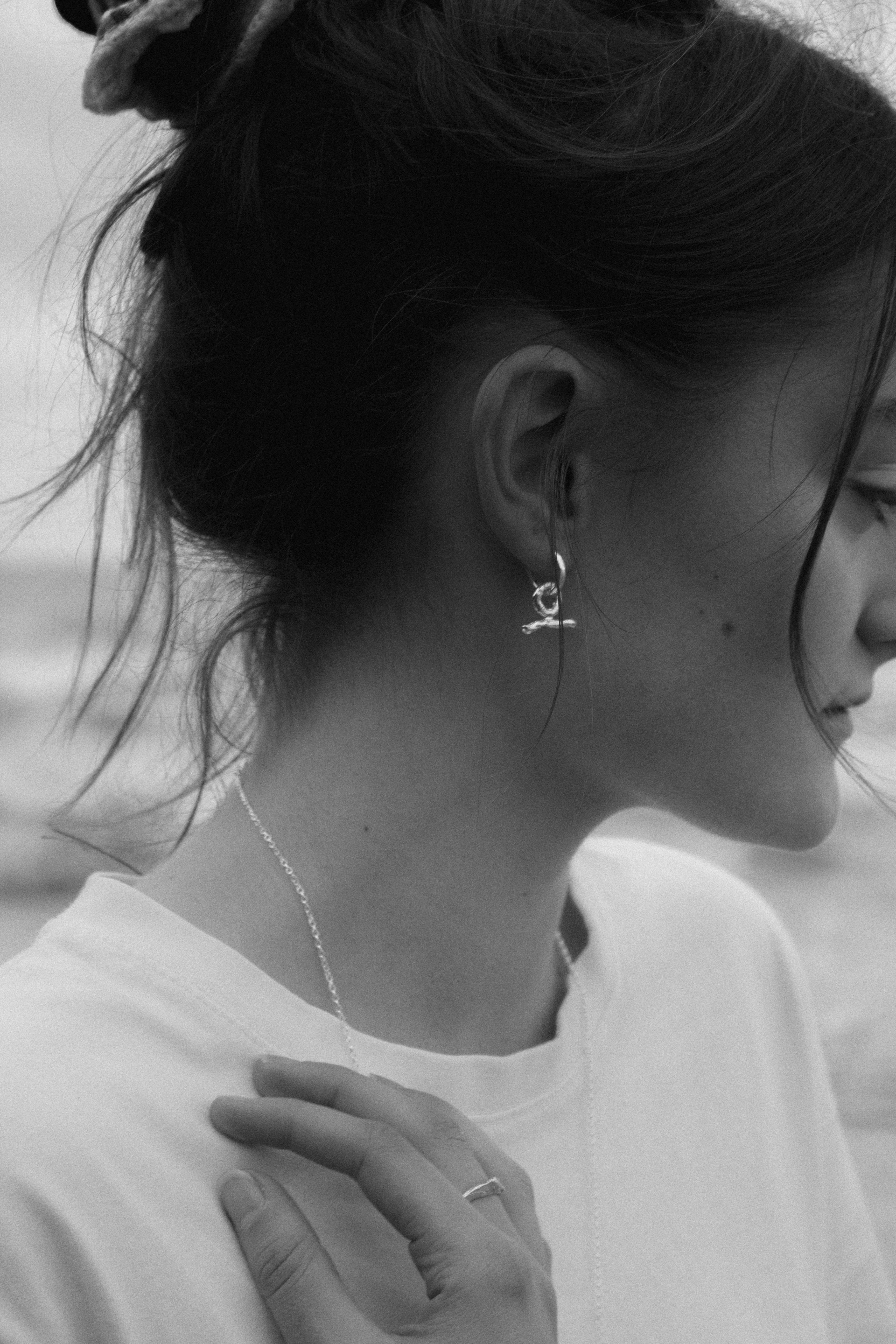 Milly-Maunder-T-Bar-Pendant-Huggie-Earrings-Molten-Texture-Sterling-Silver-Everyday-Jewellery-Cool-Organic-Form-Staple-Design