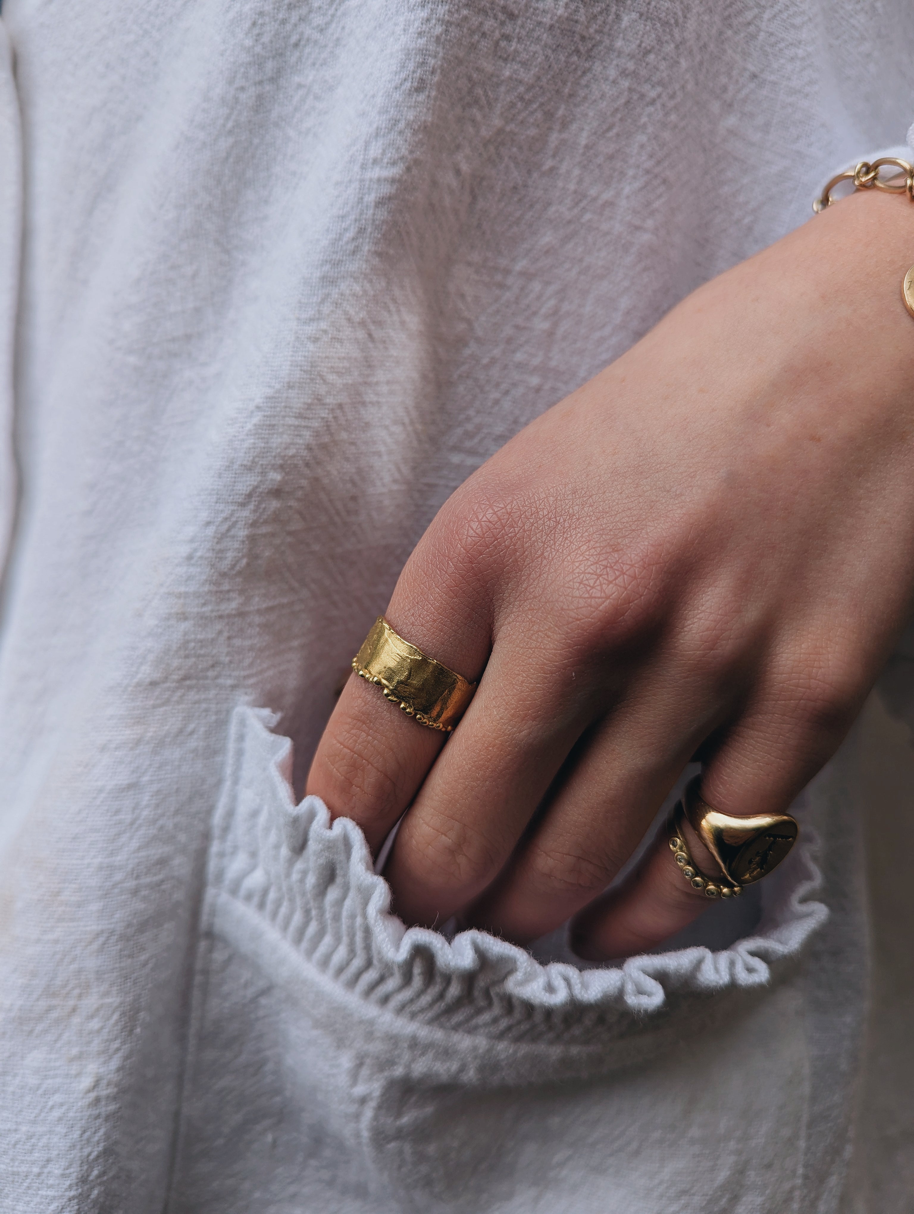 Milly-Maunder-Textured-Molten-Beaded-Edge-Mira-Cigar-Chunky-Statement-Ring-Gold-Plated-18ct-Rustic-Vintage-Heirloom