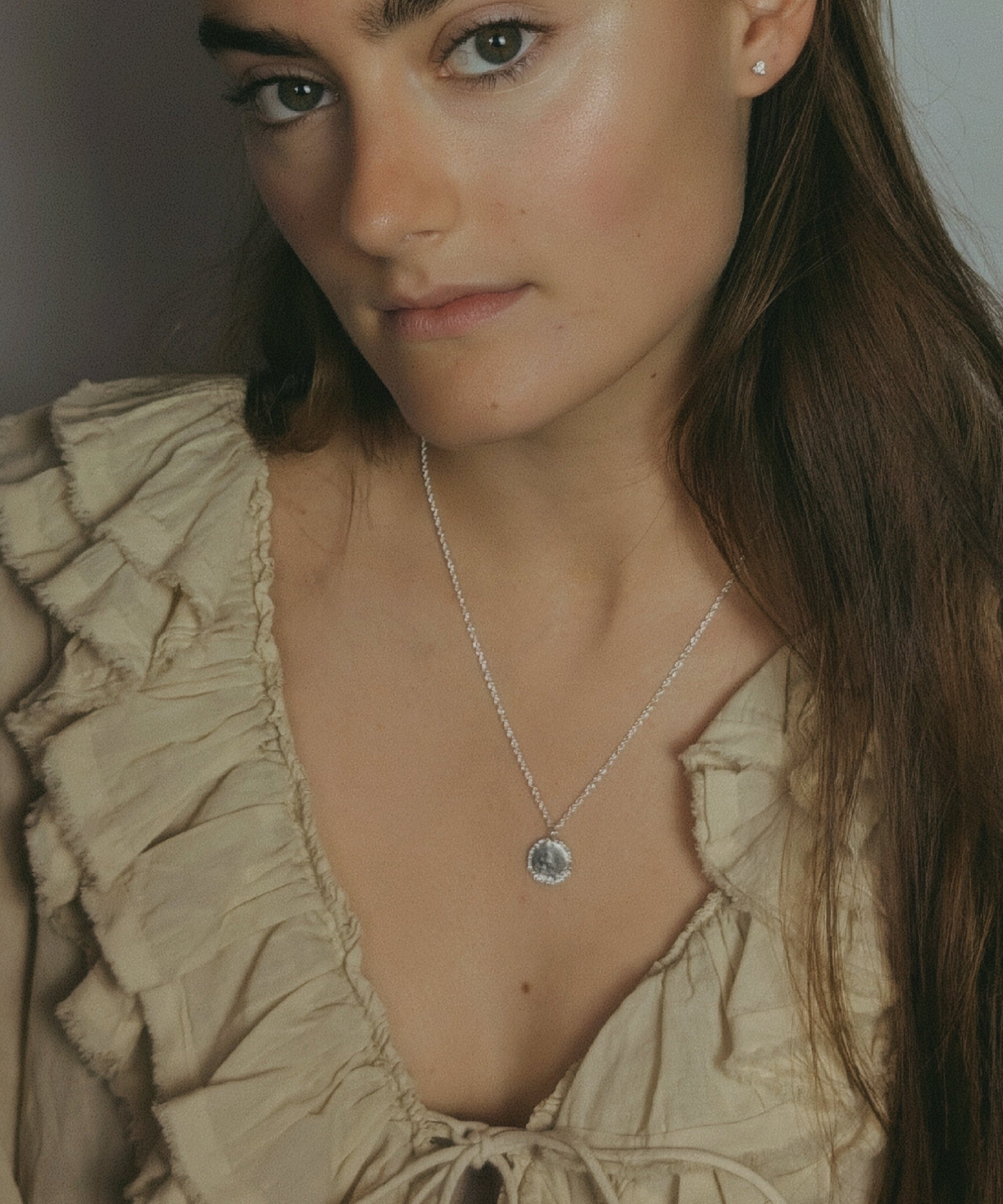 Milly-Maunder-large-granulated-silver-rustic-vintage-style-disc-beaded-edge-coin-pendant-Rope-Chain-necklace-sterling-silver-Statement