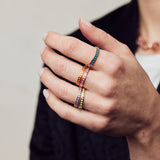 image of spark enamel rings in six colours of enamel and gold on hand in forefront of image on model in black jacket