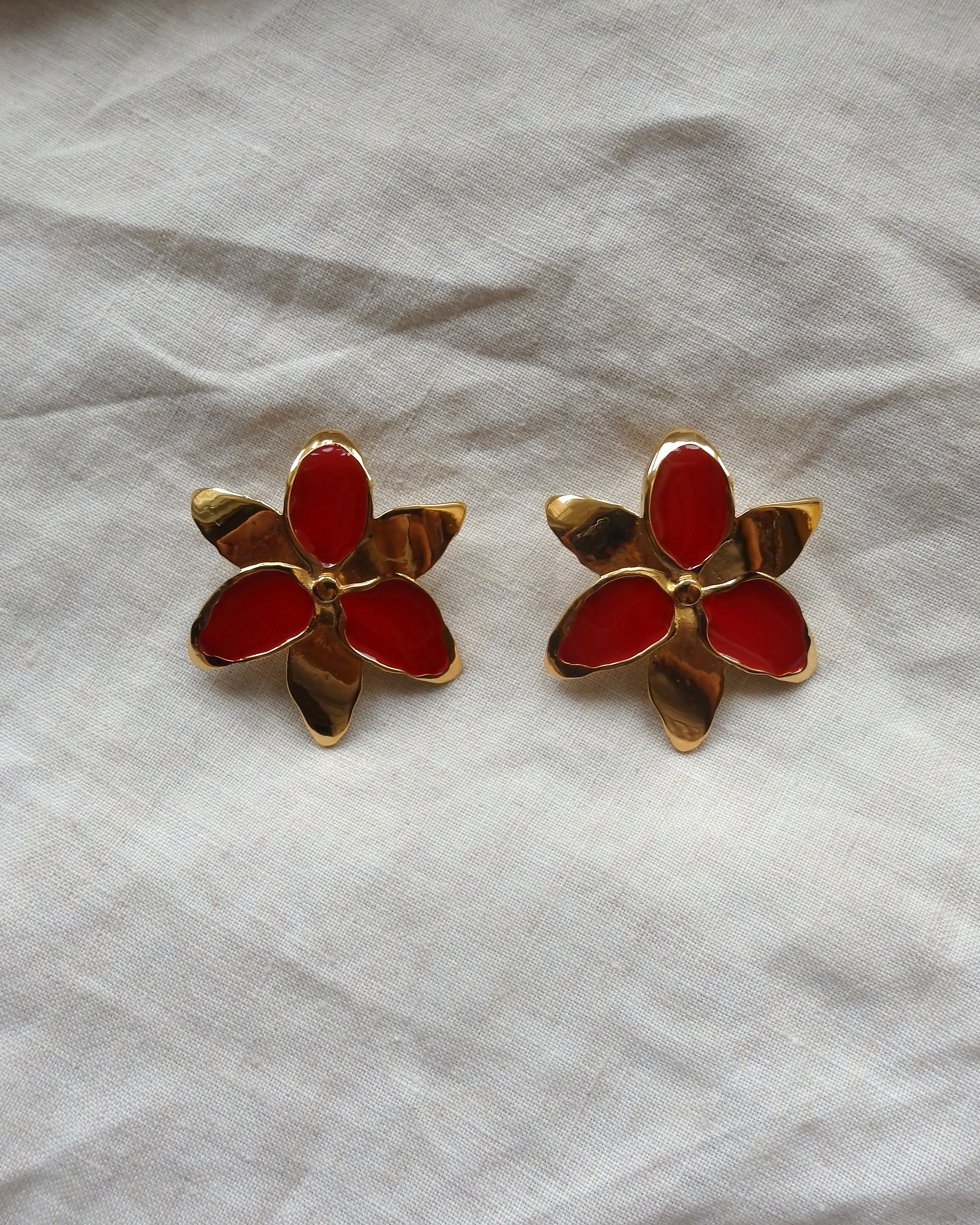 Squeeze-London-Cocktail-Twins-Oversized-Statement-Flower-Earrings-Red-Ruby-Gold-vermeil