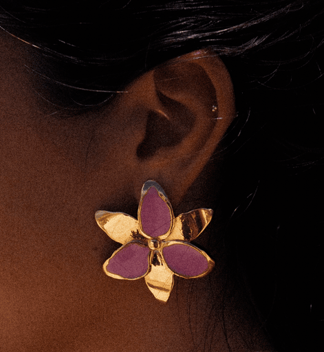 Squeeze-London-Pink-Gold-Enamel-Oversized-Statement-Flower-Lily-Earrings-Cocktail-Twins