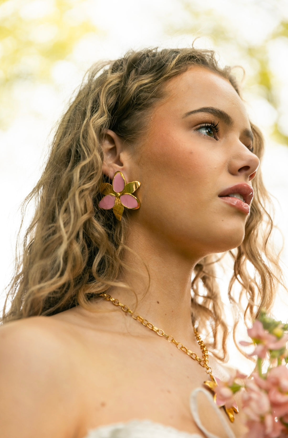 Squeeze-London-Pink-Gold-Enamel-Oversized-Statement-Flower-Lily-Earrings-Cocktail-Twins