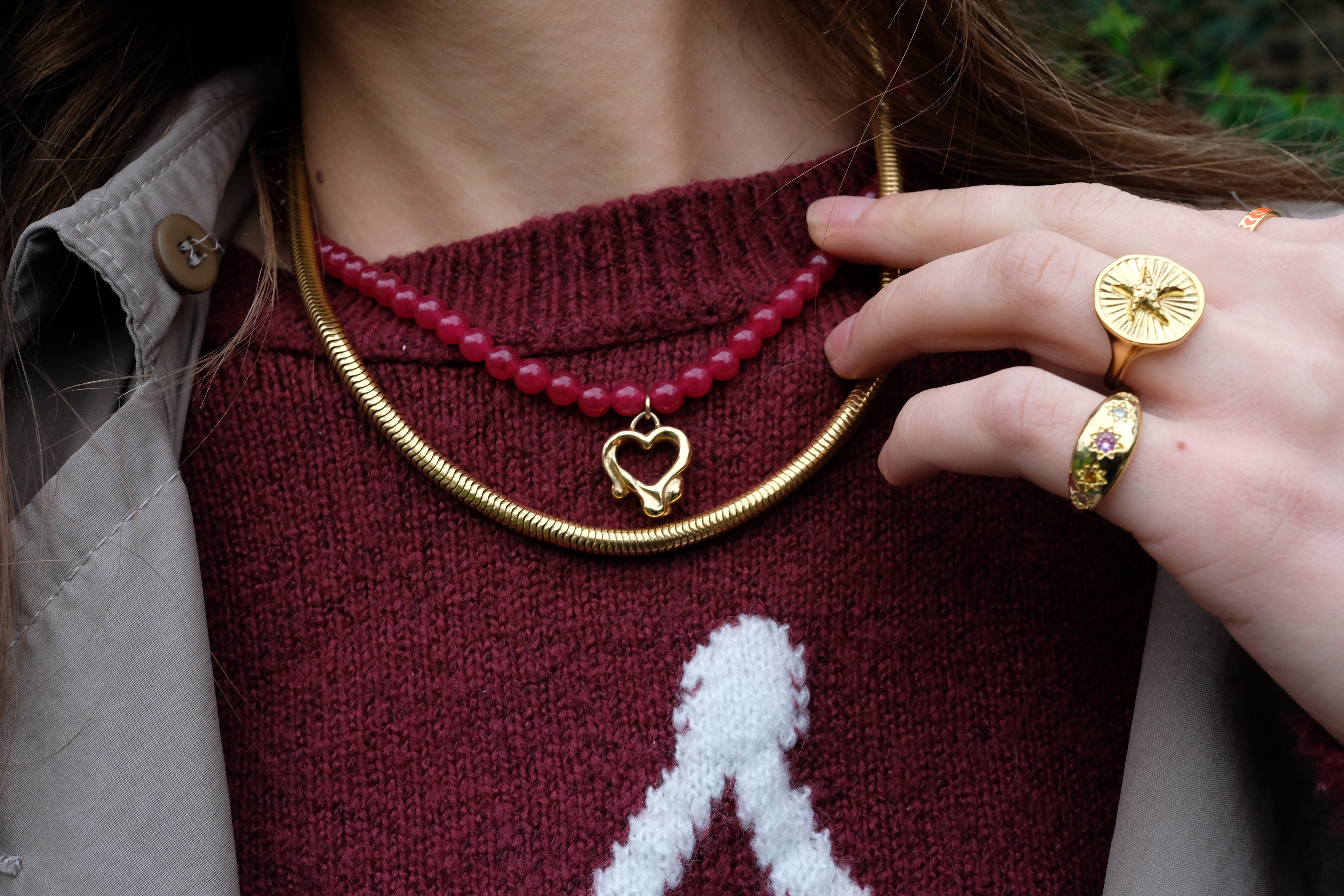 Tilly-Sudsbury-Sad-Girl-Beads-Cherry-Red-Beaded-Neclace-Pendant-Heart-Gold-Vermeil-Stacking-Rings-Snake-Chain