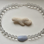 Kan-Studio-Aria-Necklace-Blue-Lace-Agate-stunning-chunky-transparent-clear-glass-beaded-beadnecklace-pale-sky-blue-lace-agate-stone-pendant-Statement-soft-colour-tones-day-evening-cool-london-handmade