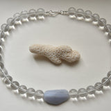 Kan-Studio-Aria-Necklace-Blue-Lace-Agate-stunning-chunky-transparent-clear-glass-beaded-beadnecklace-pale-sky-blue-lace-agate-stone-pendant-Statement-soft-colour-tones-day-evening-cool-london-handmade