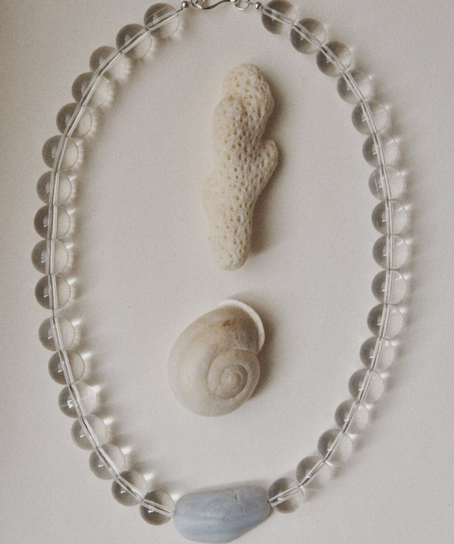 Kan-Studio-Aria-Necklace-Blue-Lace-Agate-stunning-chunky-transparent-clear-glass-beaded-beadnecklace-pale-sky-blue-lace-agate-stone-pendant-Statement-soft-colour-tones-day-evening-cool-london-handmade