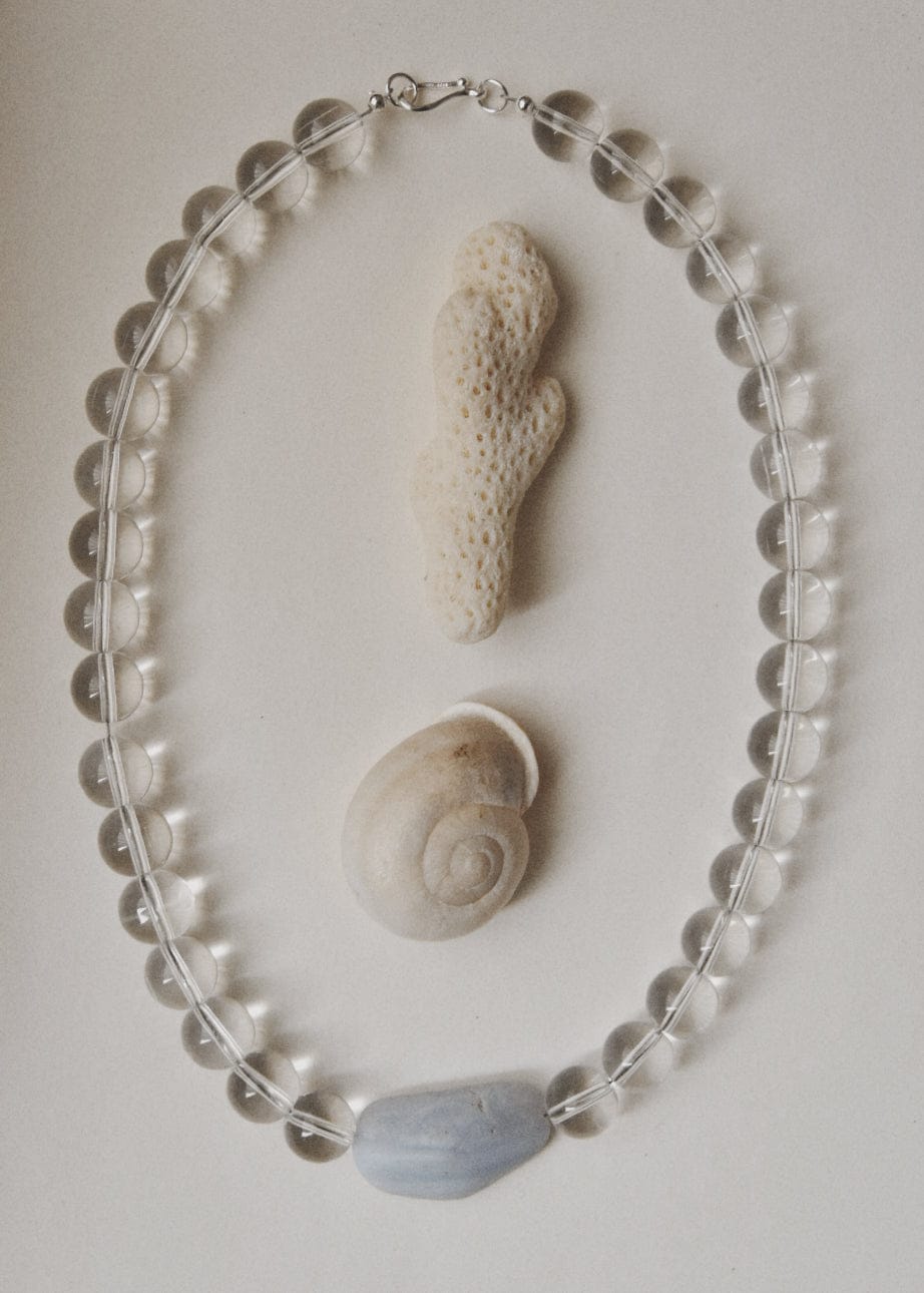Kan-Studio-Aria-Necklace-Blue-Lace-Agate-stunning-chunky-transparent-clear-glass-beaded-beadnecklace-pale-sky-blue-lace-agate-stone-pendant-Statement-soft-colour-tones-day-evening-cool-london-handmade