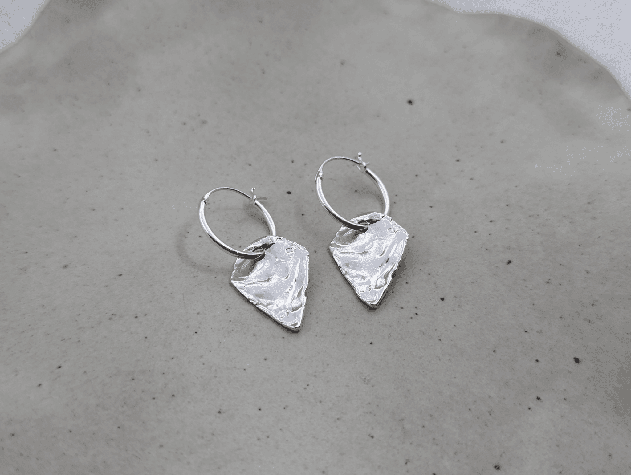 Milly-Maunder-Arma-Shield-Pendant-Drop-Huggies-Hoop-Earring-Textured-Pendant-Sterling-Silver-Silver-Stacking