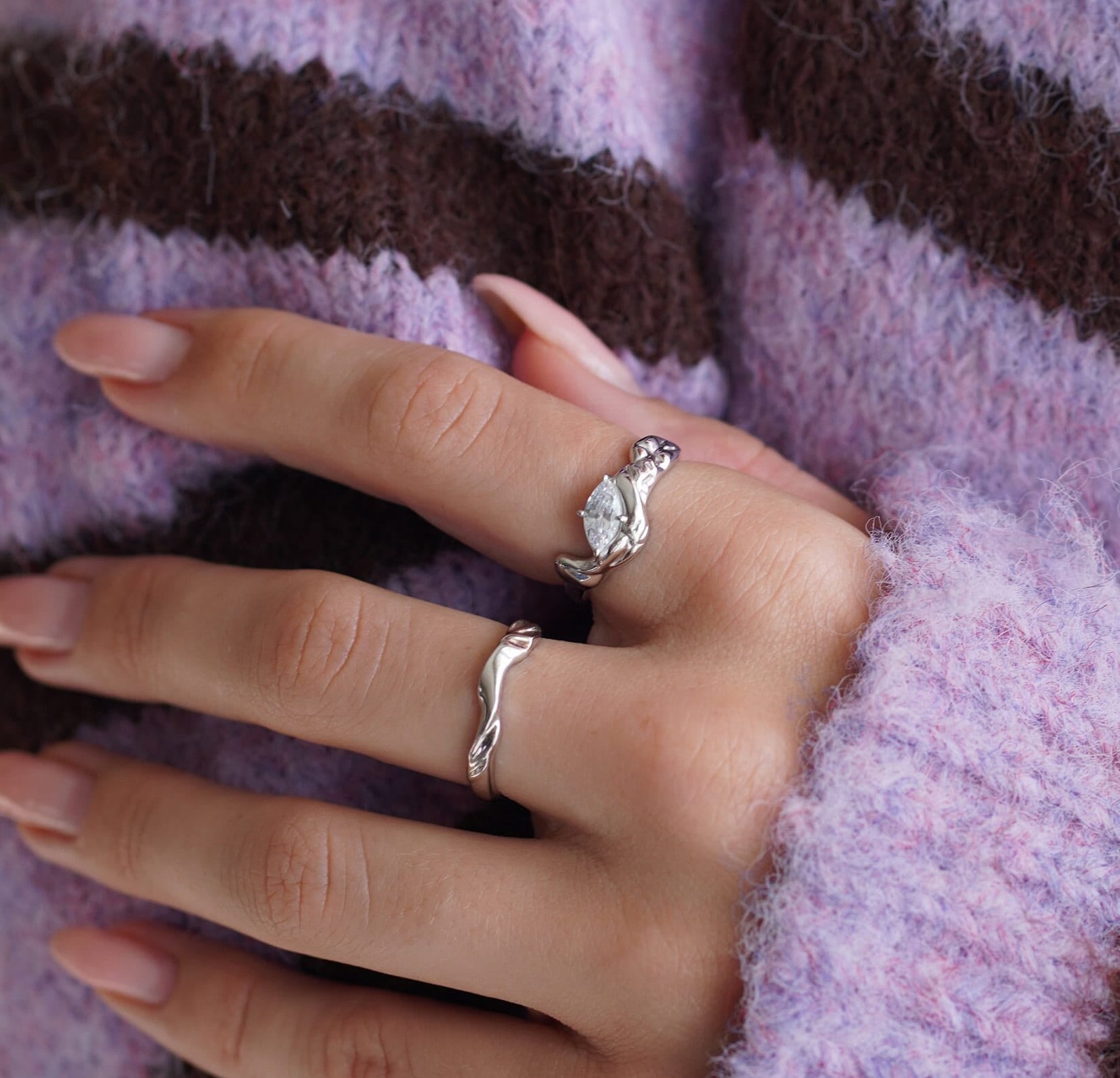 Junk-Jewels-Molten-Textured-14-Carat-Gold-Vermeil-Cubic-Zirconia-Diamond-Sterling-Silver-Stacking-Band-Ring-Solitaire-Unique