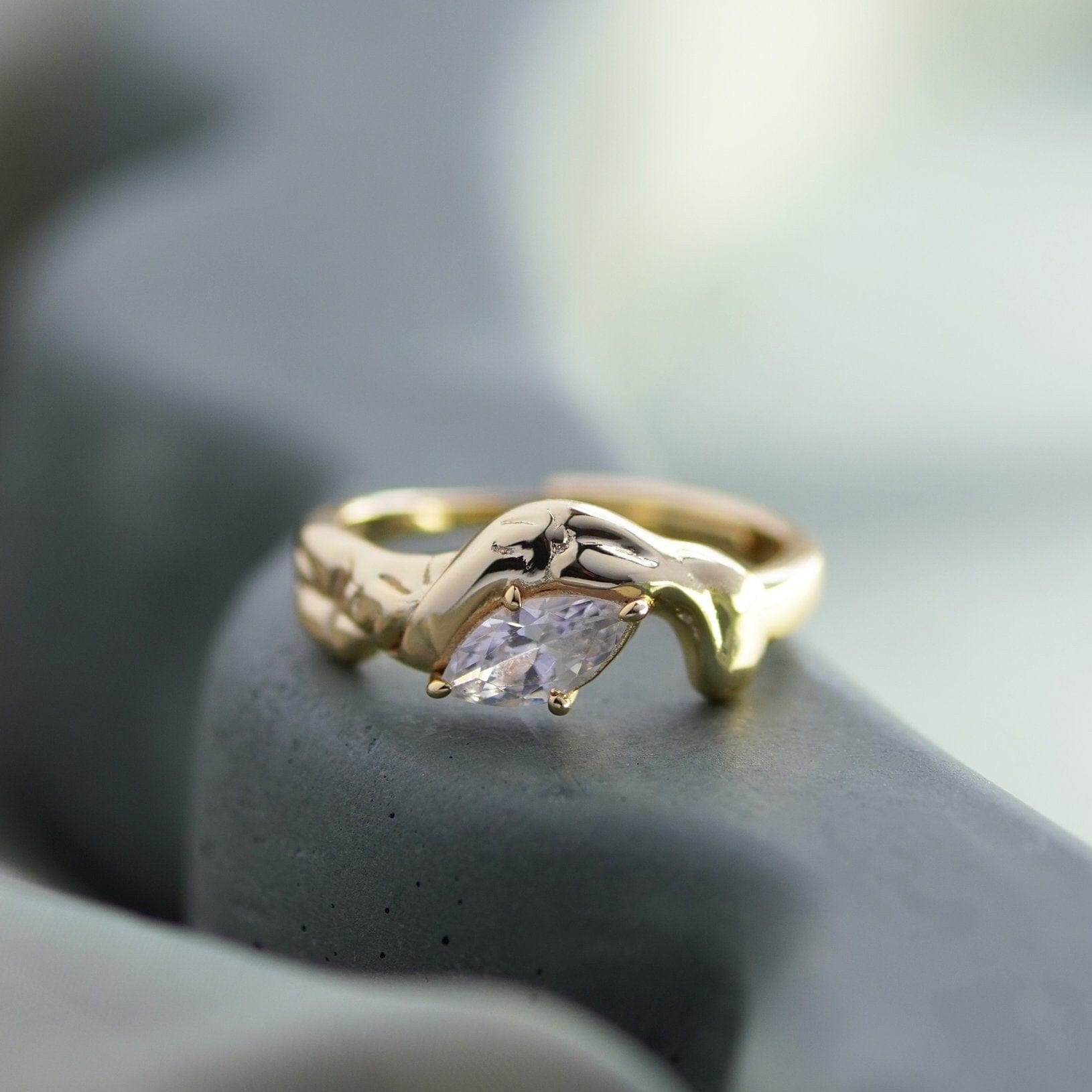 Junk-Jewels-Molten-Textured-14-Carat-Gold-Vermeil-Cubic-Zirconia-Diamond-Sterling-Silver-Stacking-Ring-Solitaire-Unique