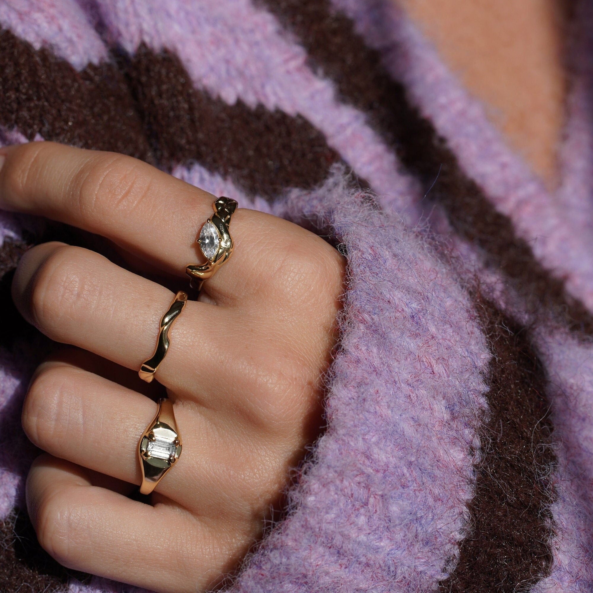 Junk-Jewels-Molten-Textured-14-Carat-Gold-Vermeil-Cubic-Zirconia-Diamond-Sterling-Silver-Stacking-Band-Ring-Solitaire-Unique