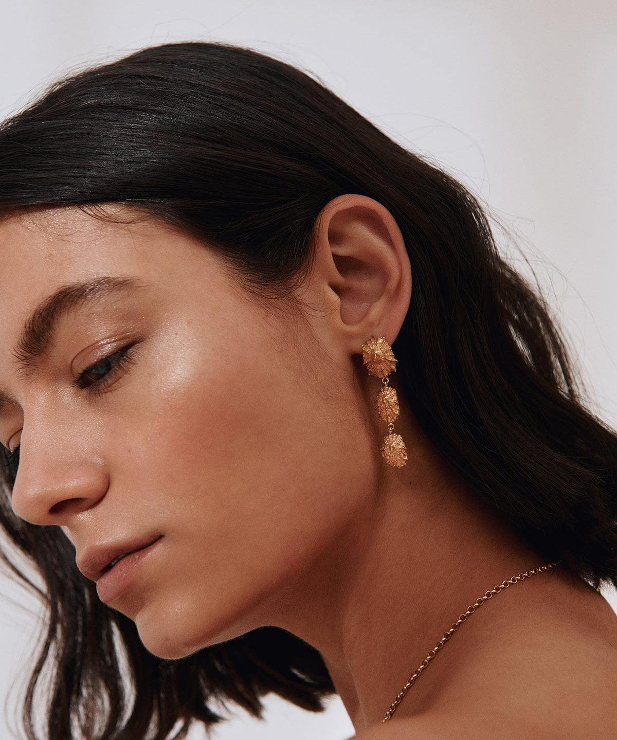 Carolina-De-Barros-statement-CONCHA-EARRINGS-Shell-Triple-Drop-Beach-Summer-Holiday-Jewellery-Textured-Seashell-organic-forms-demifine-gold-plater-sterling-silver