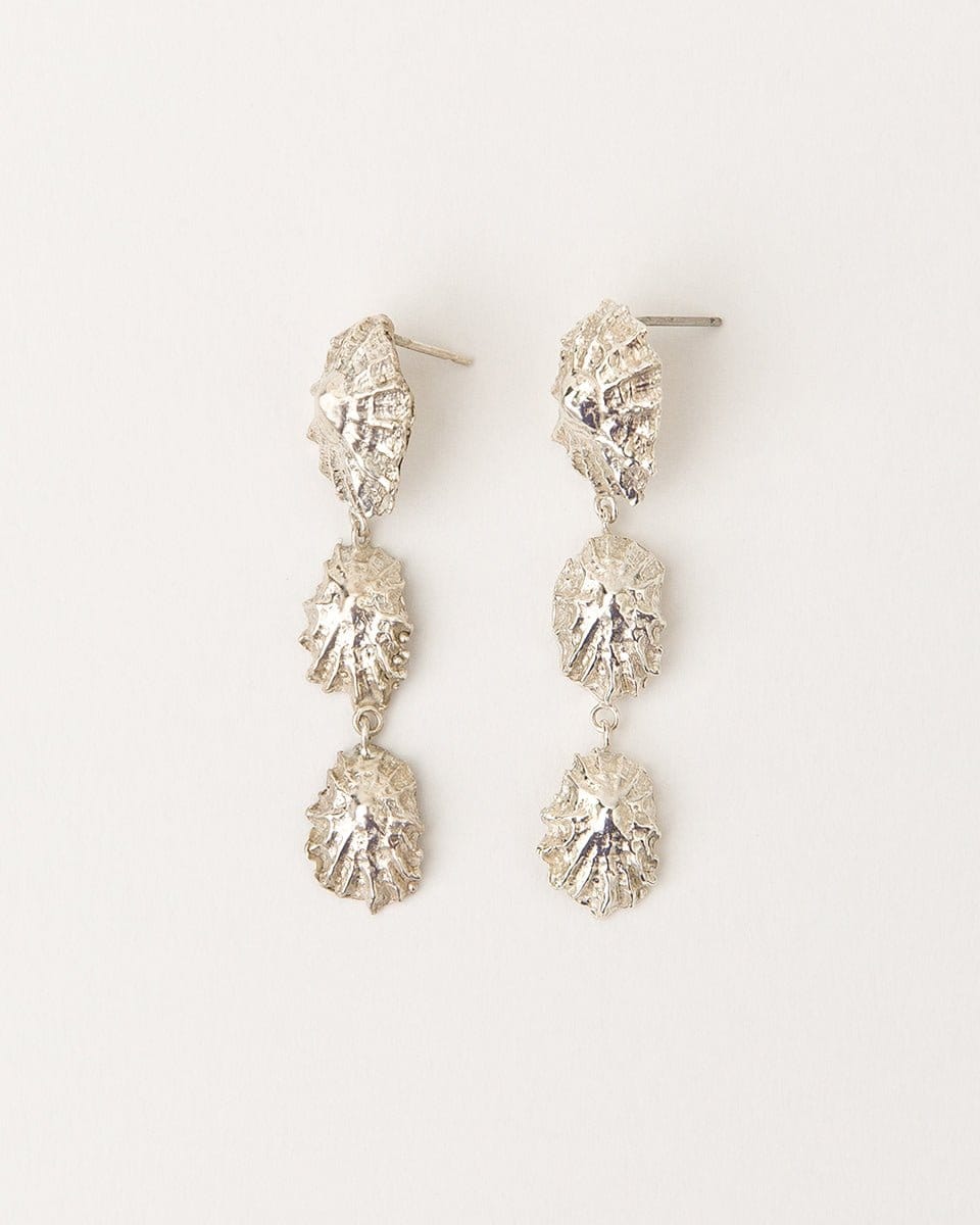 Carolina-De-Barros-statement-CONCHA-EARRINGS-Shell-Triple-Drop-Beach-Summer-Holiday-Jewellery-Textured-Seashell-organic-forms-demifine-gold-plater-sterling-silver