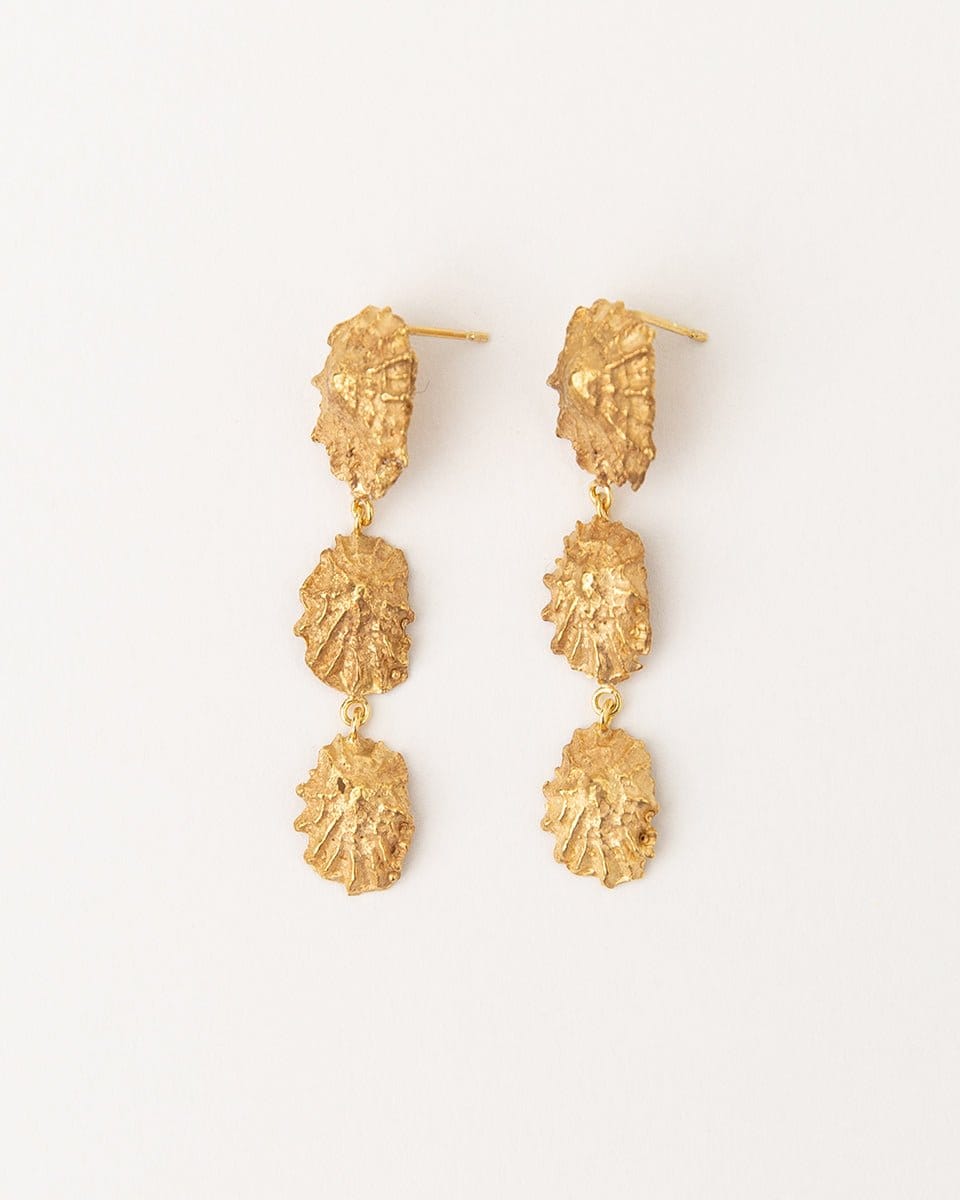 Carolina-De-Barros-statement-CONCHA-EARRINGS-Shell-Triple-Drop-Beach-Summer-Holiday-Jewellery-Textured-Seashell-organic-forms-demifine-gold-plater-sterling-silver