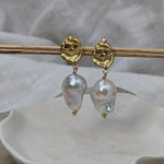 Milly-Maunder-Dara-and-Pearl-Studs-Textured-Gold-Plated-18ct-Disc-Circle-Freshwater-Baroque-Bead-Drop-Dangle-Statement-Earring-Earrings