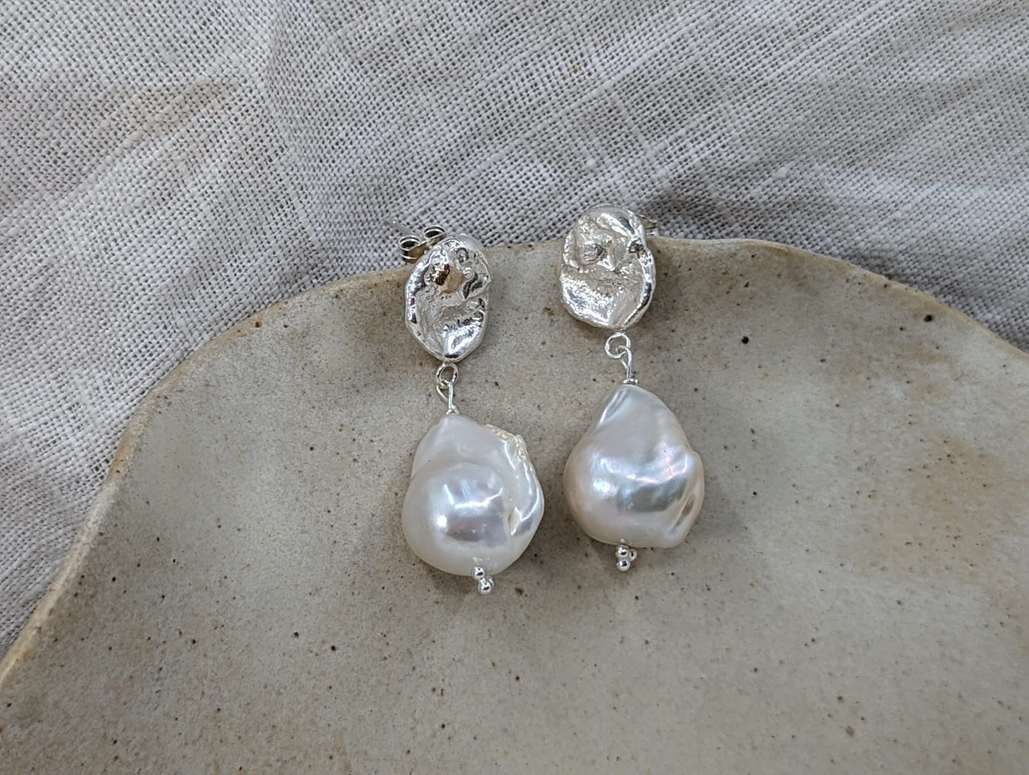 Milly-Maunder-Dara-Pearl-Stud-Drop-Earrings-Sterling-Silver-Boho-Textured-Vintage-Inspired-Beach-Summer-Jewellery-Demifine