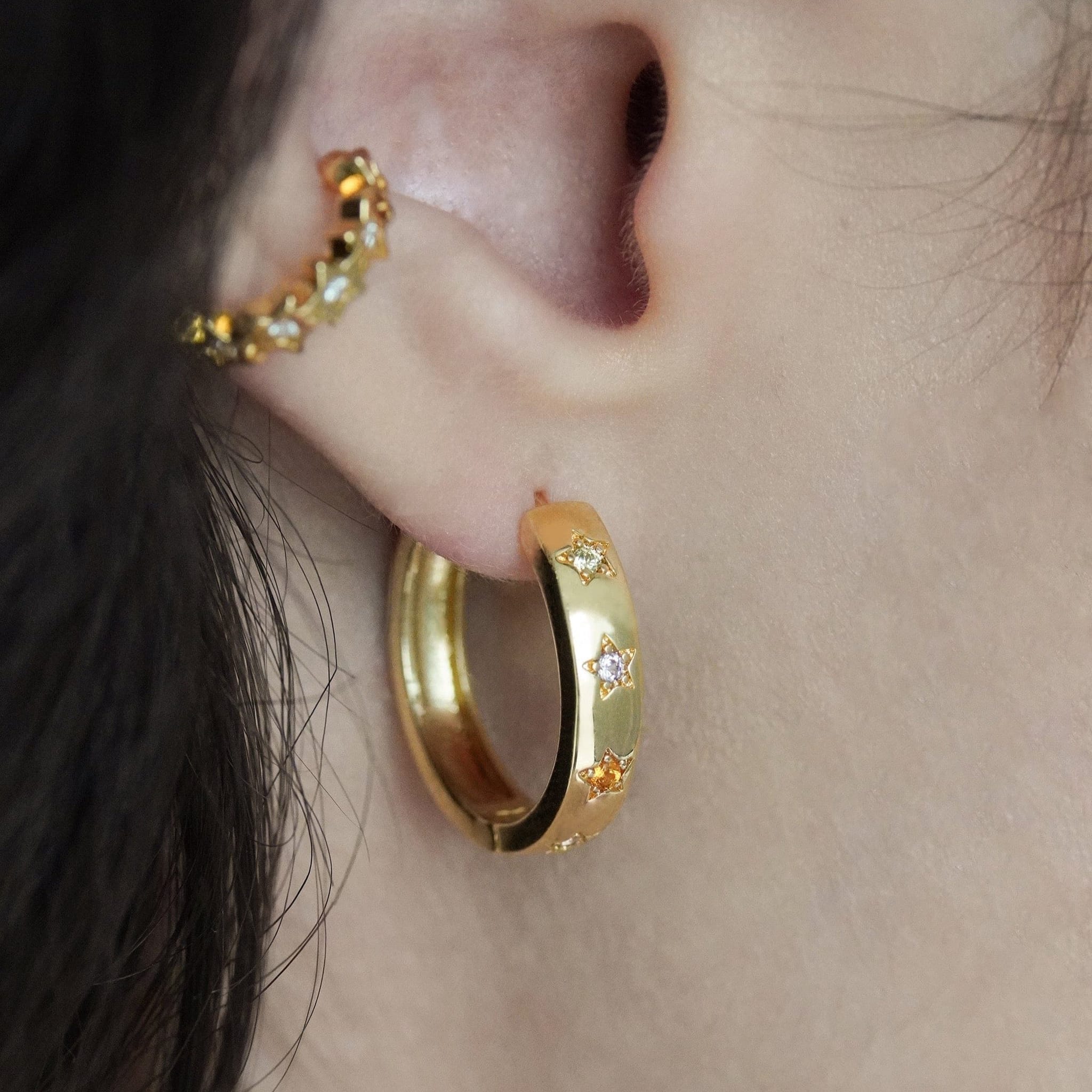 Junk-Jewels-Disco-Multi-Rainbow-Gemstone-Stone-Star-Hoop-Hoops-Earrings-Gold-Silver