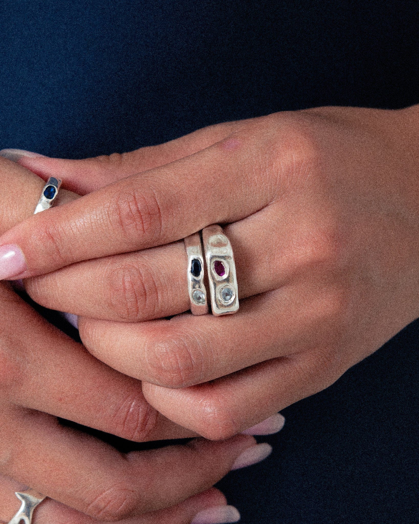 duo-flow-band-ring-KEYES-Gemstone-Stone-Sterling-Silver-Double-Two-Stone-Ruby-Alexandrite-Sapphire-Aqua Spinel-Blue-Green-Red-Pink-Light-Sky-Chunky-Bold-Stackable-Golden-Demifine-Jewellery-London-Brands