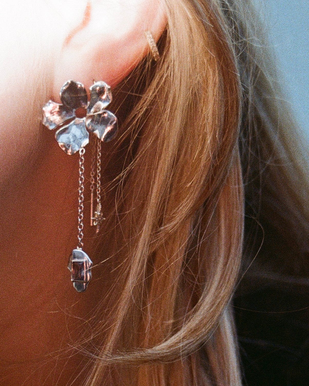 Squeeze-Jewellery-Forget-Me-Not Earrings-Statement-Oversized-Flower-Drop-Blue-Gemstone-chain-earrings-aquamarine-topaz-Gold-Silver
