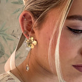 Squeeze-Jewellery-Forget-Me-Not Earrings-Statement-Oversized-Flower-Drop-Blue-Gemstone-chain-earrings-aquamarine-topaz-Gold-Silver