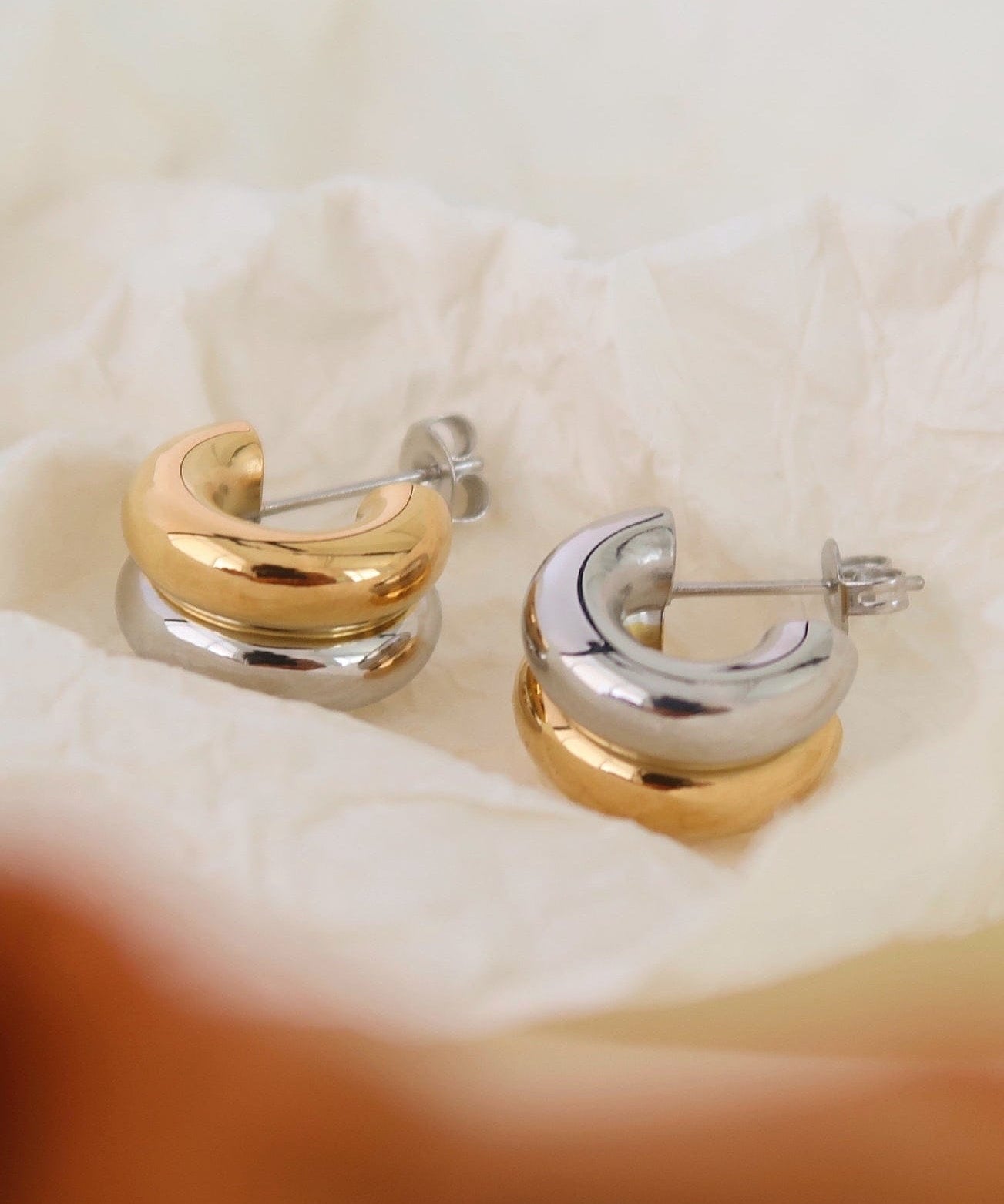 Gold and Silver Double Tone Small Hoops - Golden