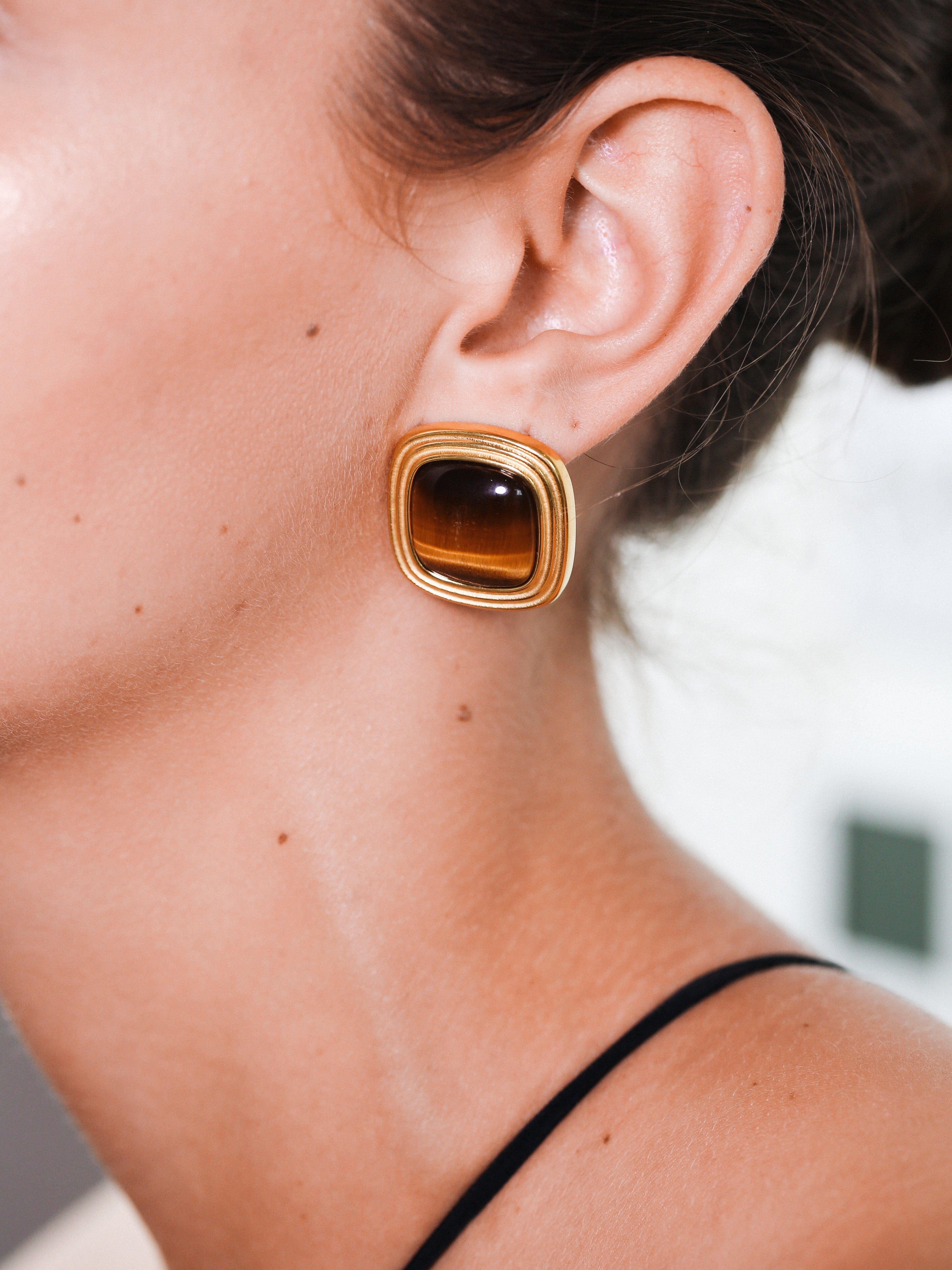 Miss-Cecilia-Golden-Horizon-Brown-Gemstone-Gold-Retro-Statement-Stud-80s-Ear-Studs-Earrings