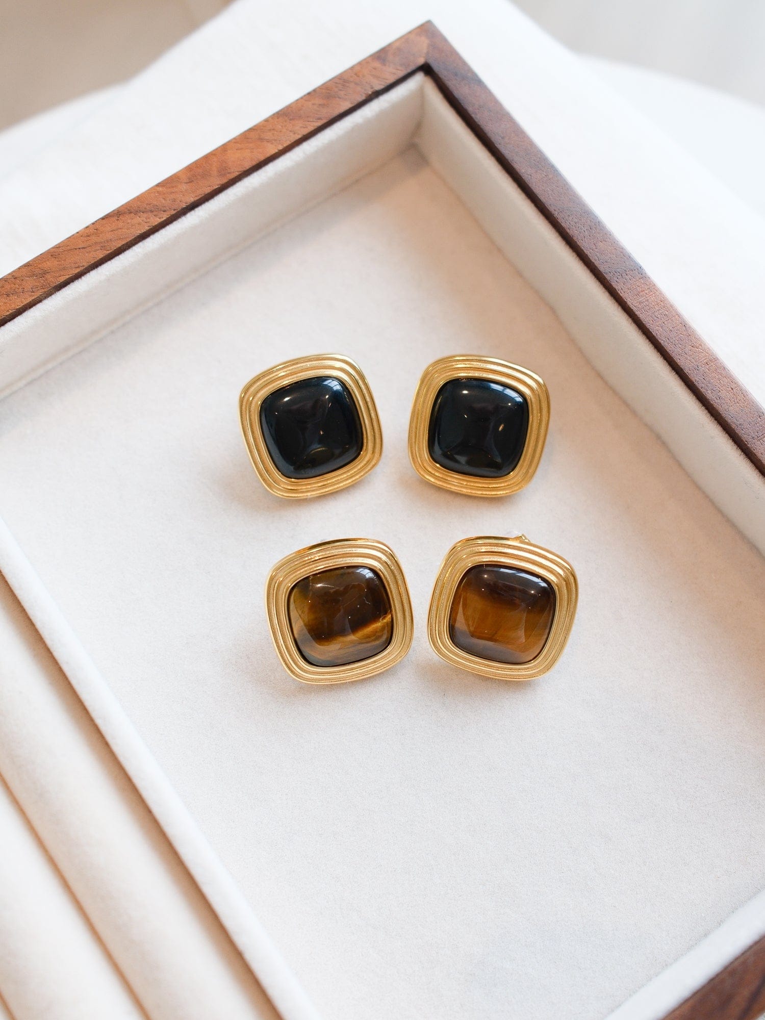 Miss-Cecilia-Golden-Horizon-Brown-Gemstone-Gold-Retro-Statement-Stud-80s-Ear-Studs-Earrings