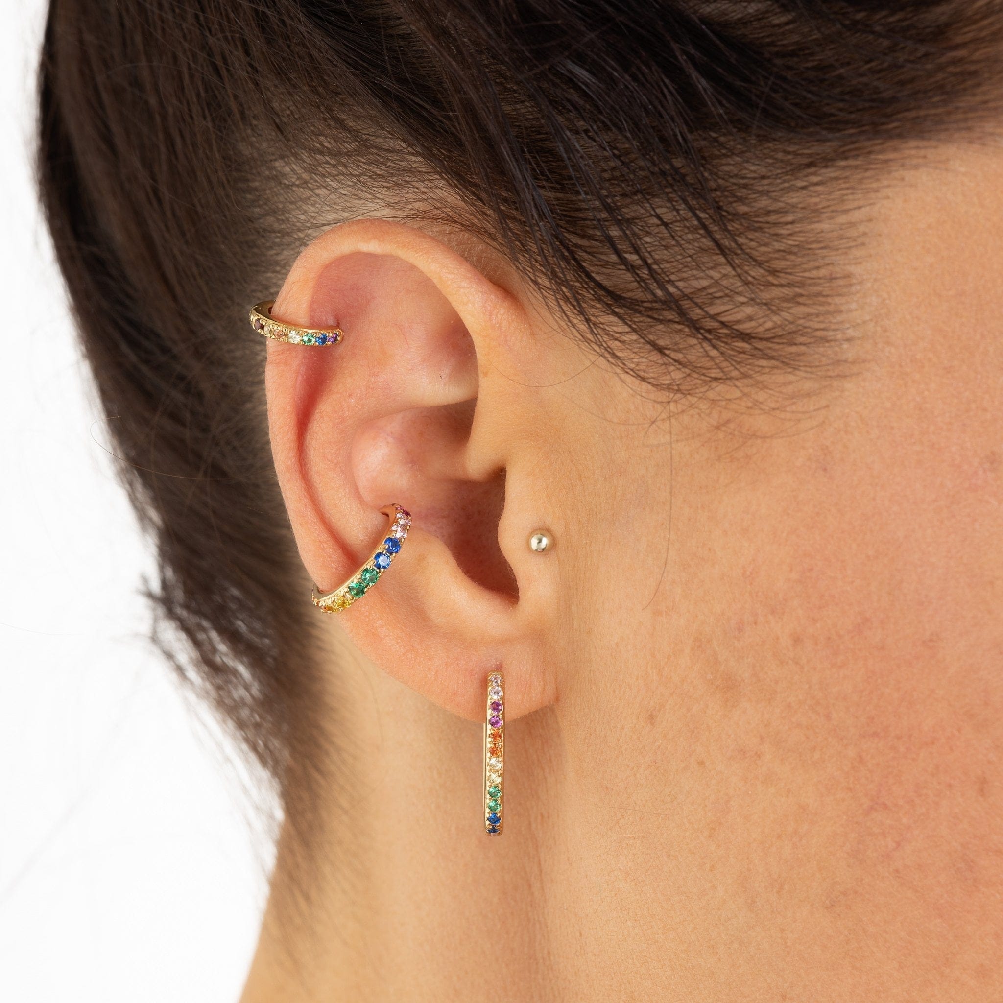 Scream-Pretty-Huggie-Hoop-Earrings-Cubic-Zirconia-Diamond-Multi-Coloured-Rainbow-Stones-Gemstone-Gold-Plated-Silver-Ear-Stacking-Stack