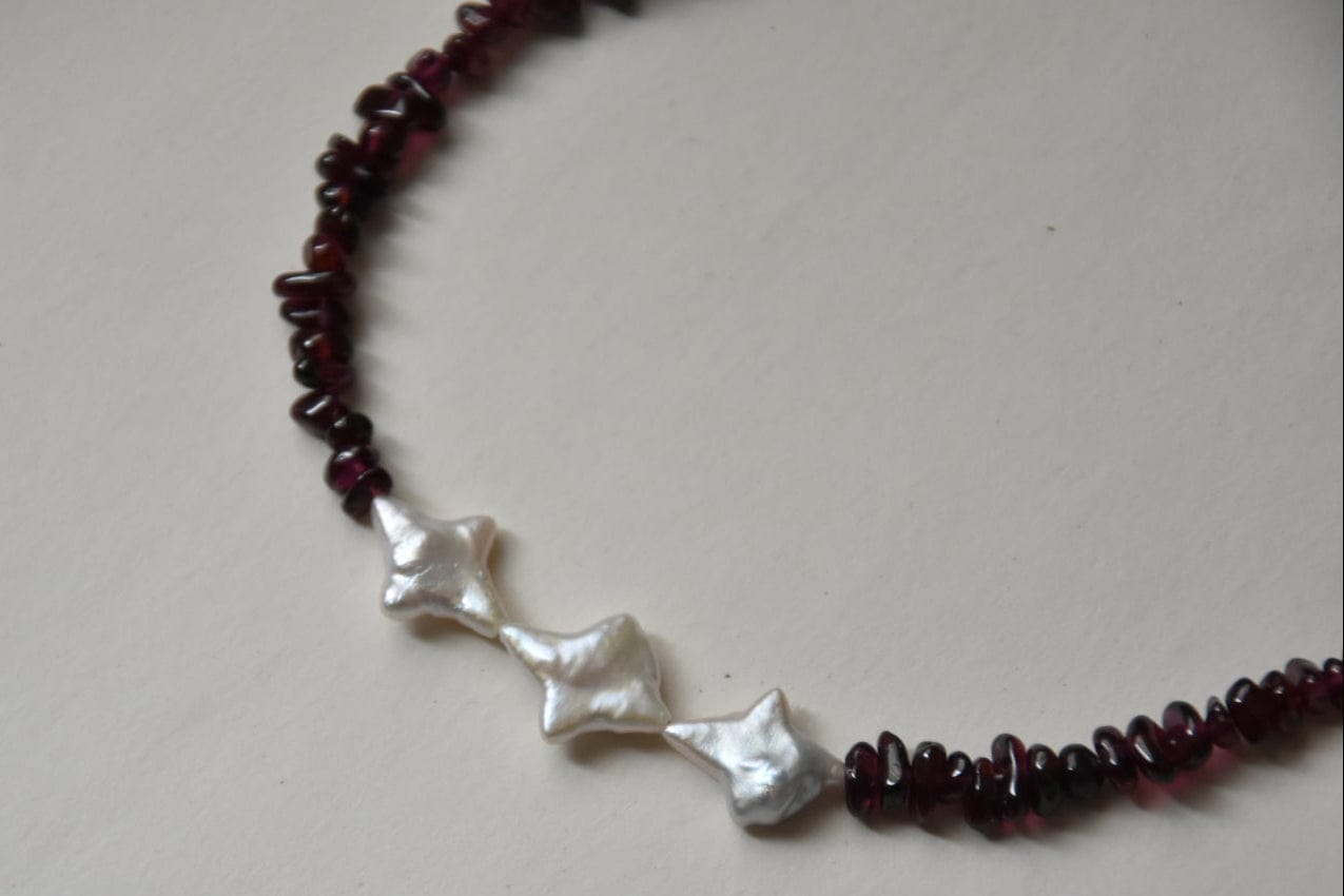 Kan-Studio-Irina-necklace-Boho-Bead-Beautiful-beaded-dark-purple-black-red-garnet-gemstone-stone-necklace-chunky-ivory-freshwater-pearl-pendant-intricate-organic-detail