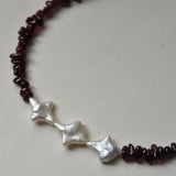 Kan-Studio-Irina-necklace-Boho-Bead-Beautiful-beaded-dark-purple-black-red-garnet-gemstone-stone-necklace-chunky-ivory-freshwater-pearl-pendant-intricate-organic-detail