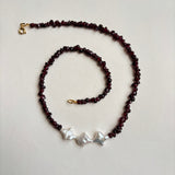 Kan-Studio-Irina-necklace-Boho-Bead-Beautiful-beaded-dark-purple-black-red-garnet-gemstone-stone-necklace-chunky-ivory-freshwater-pearl-pendant-intricate-organic-detail
