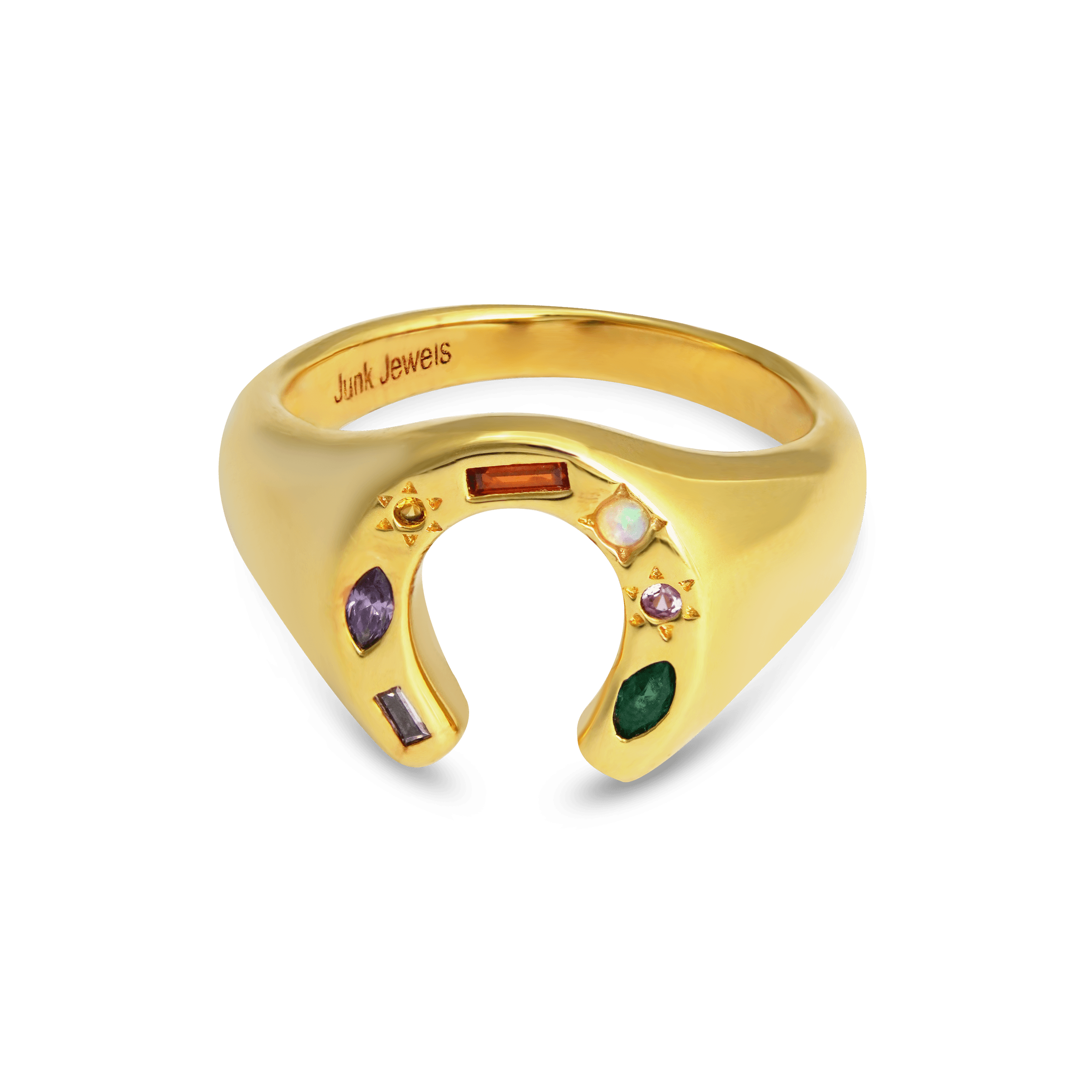 Junk-Jewels-Kaleidoscope-Lucky-Horseshoe-Charm-Multicoloured-rainbow-gemstone-stone-Signet-Ring-gold-silver
