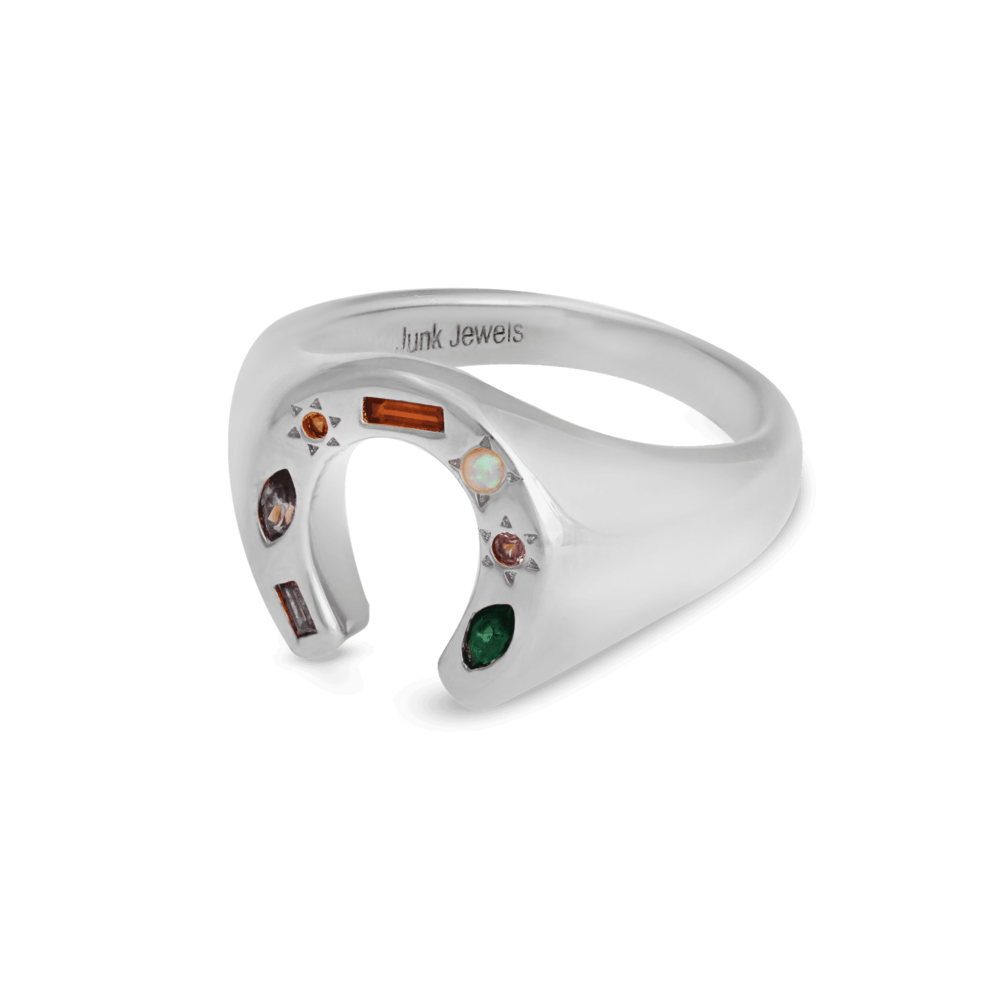 Junk-Jewels-Kaleidoscope-Lucky-Horseshoe-Charm-Multicoloured-rainbow-gemstone-stone-Signet-Ring-gold-silver