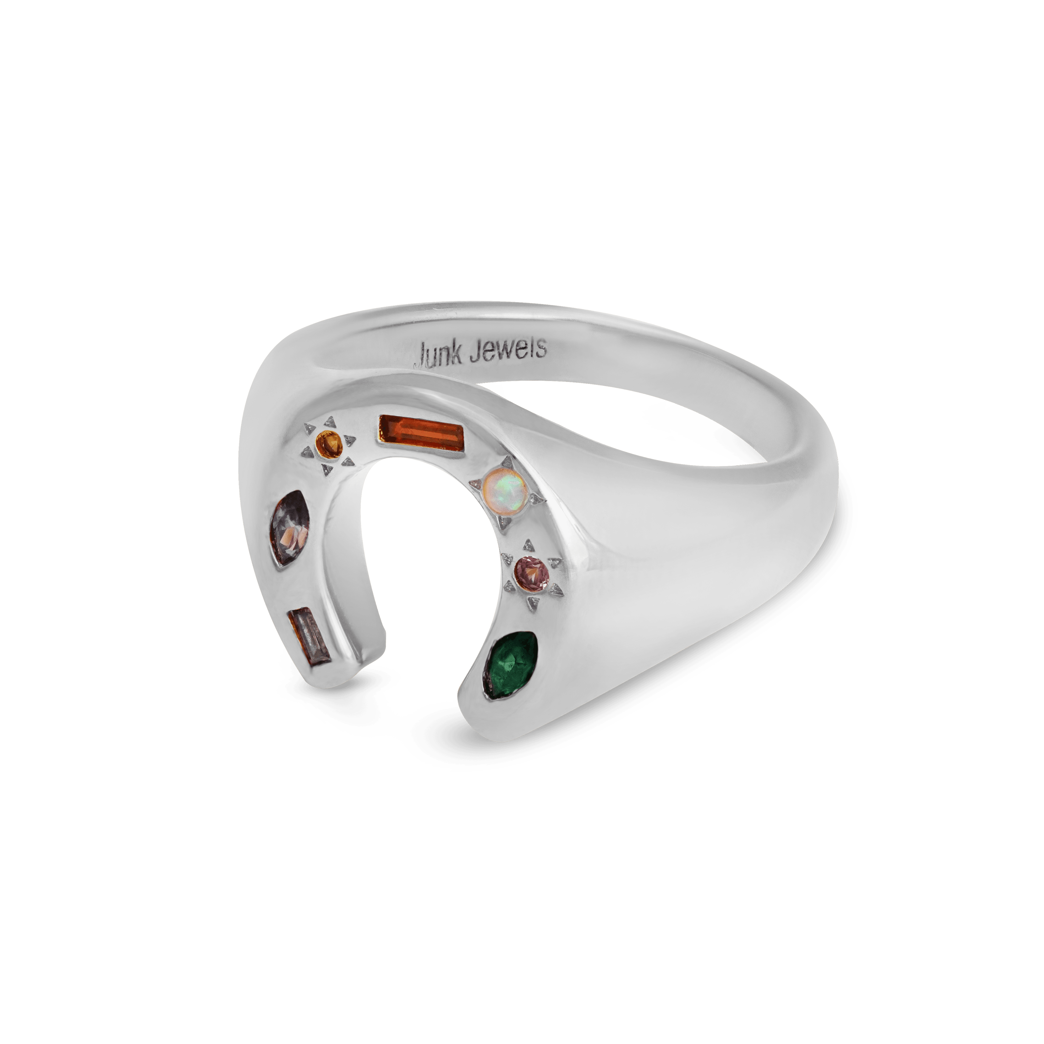 Junk-Jewels-Kaleidoscope-Lucky-Horseshoe-Charm-Multicoloured-rainbow-gemstone-stone-Signet-Ring-gold-silver