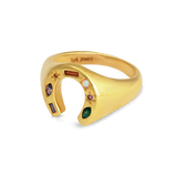 Junk-Jewels-Kaleidoscope-Lucky-Horseshoe-Charm-Multicoloured-rainbow-gemstone-stone-Signet-Ring-gold-silver