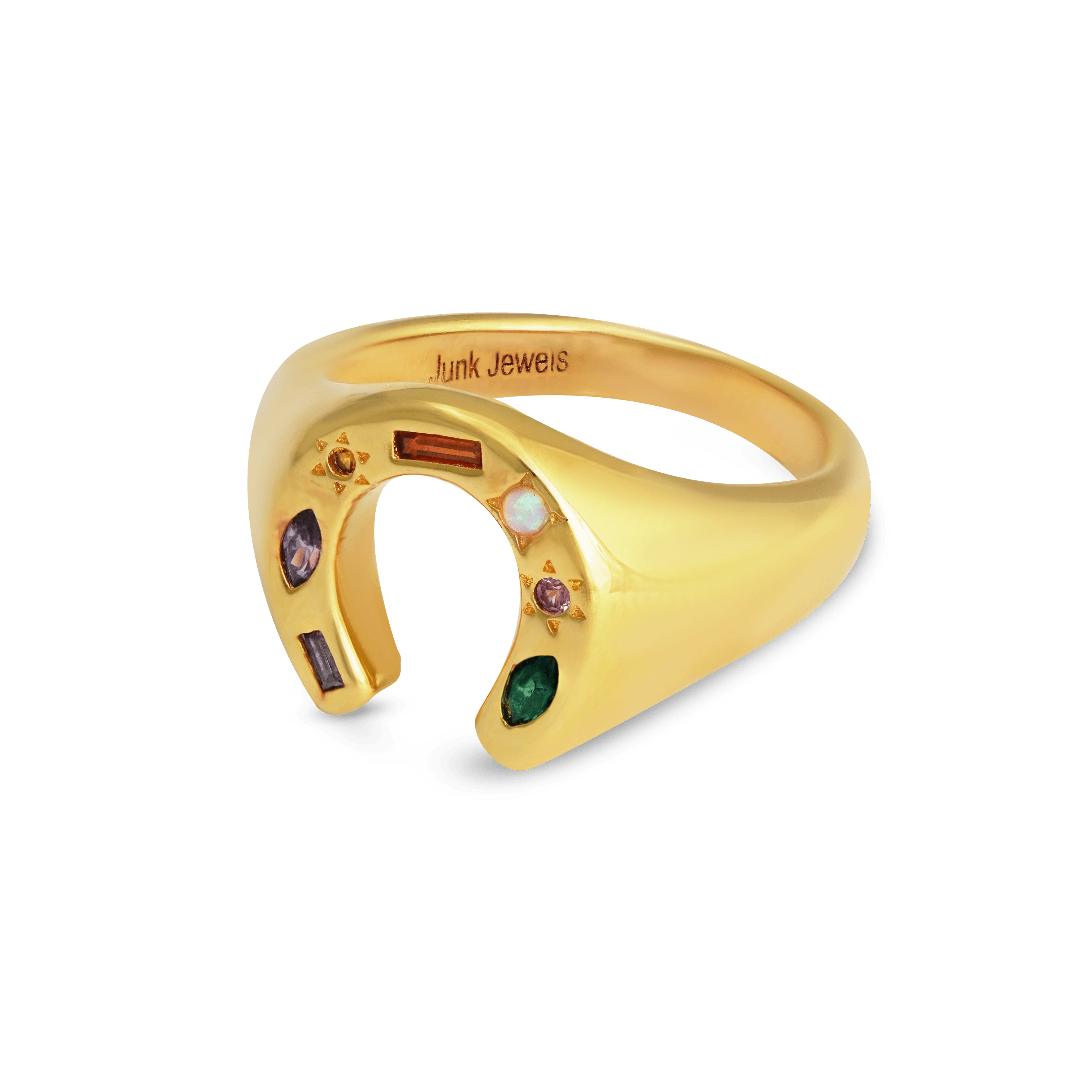 Junk-Jewels-Kaleidoscope-Lucky-Horseshoe-Charm-Multicoloured-rainbow-gemstone-stone-Signet-Ring-gold-silver