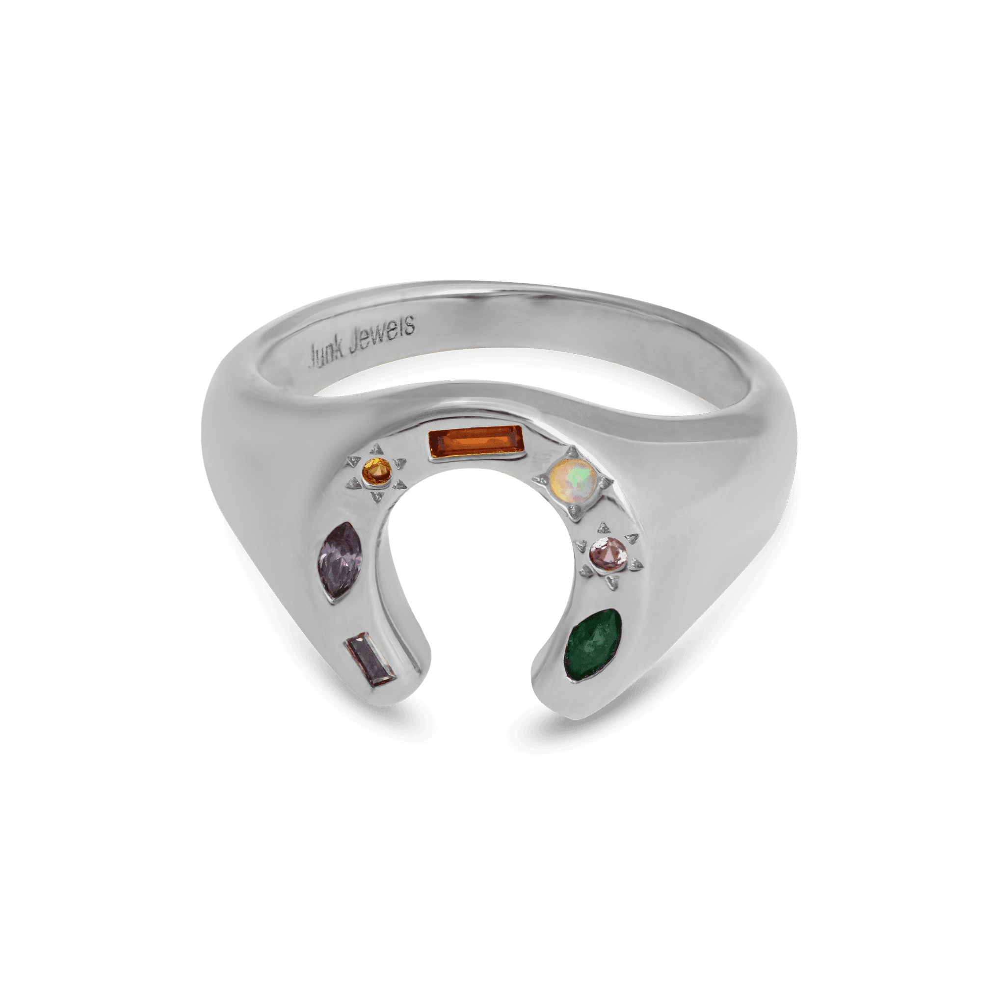 Junk-Jewels-Kaleidoscope-Lucky-Horseshoe-Charm-Multicoloured-rainbow-gemstone-stone-Signet-Ring-gold-silver