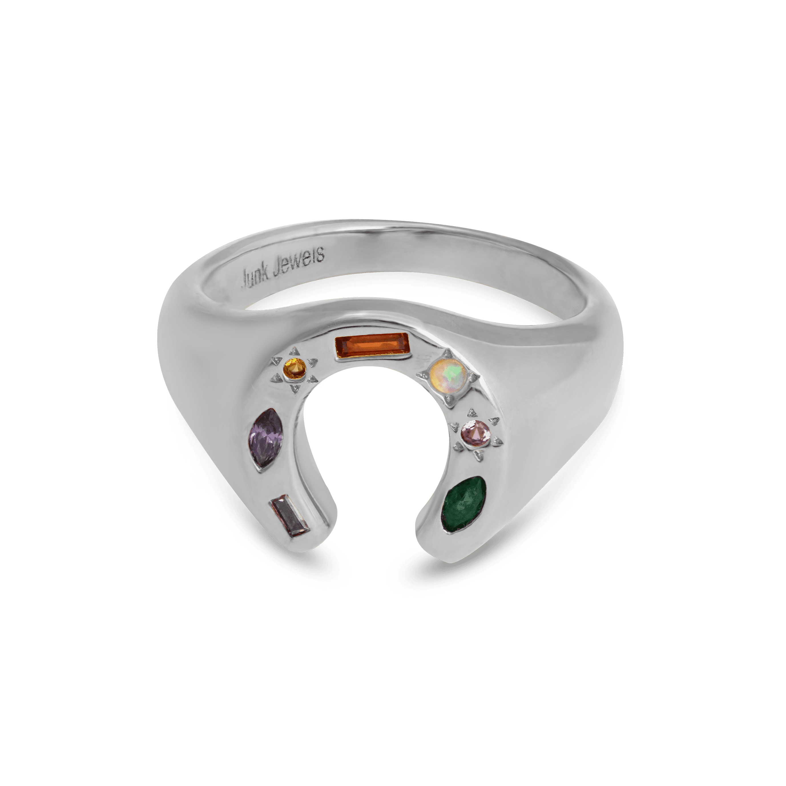 Junk-Jewels-Kaleidoscope-Lucky-Horseshoe-Charm-Multicoloured-rainbow-gemstone-stone-Signet-Ring-gold-silver