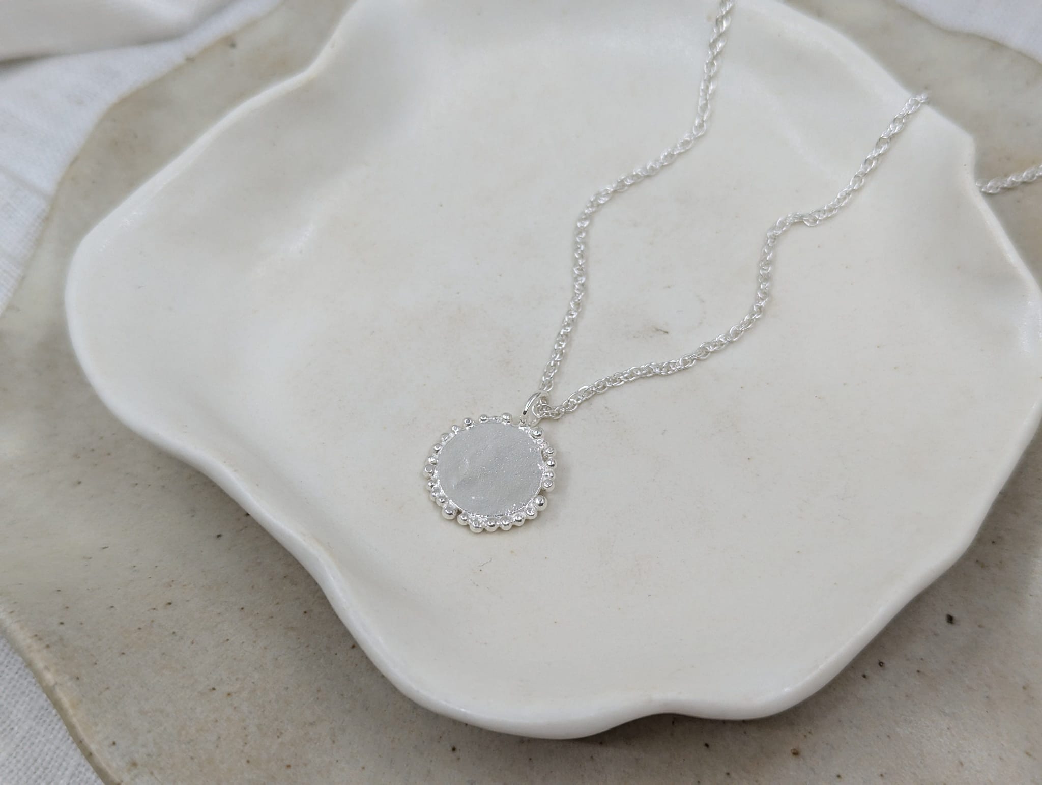 Milly-Maunder-large-granulated-silver-rustic-vintage-style-disc-beaded-edge-coin-pendant-Rope-Chain-necklace-sterling-silver-Statement