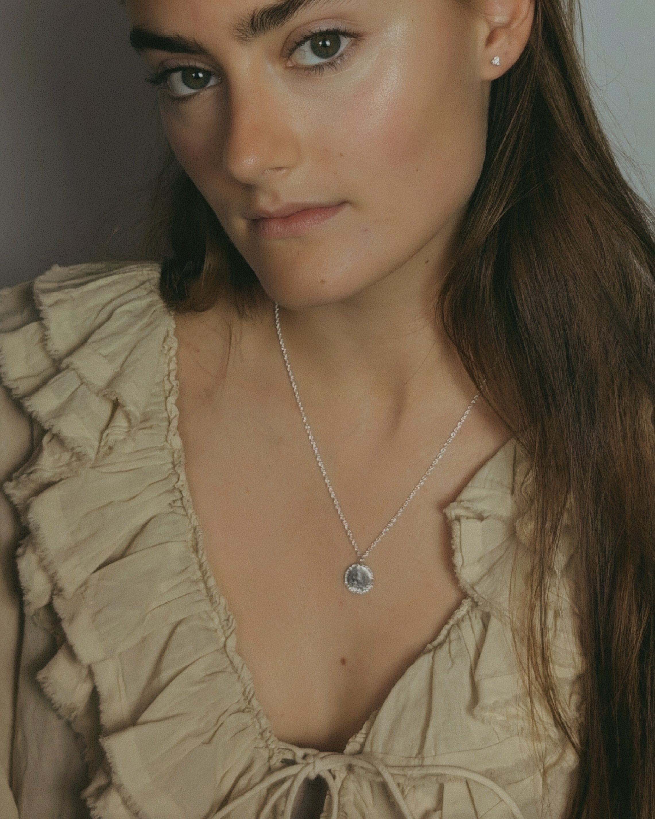 Milly-Maunder-large-granulated-silver-rustic-vintage-style-disc-beaded-edge-coin-pendant-Rope-Chain-necklace-sterling-silver-Statement