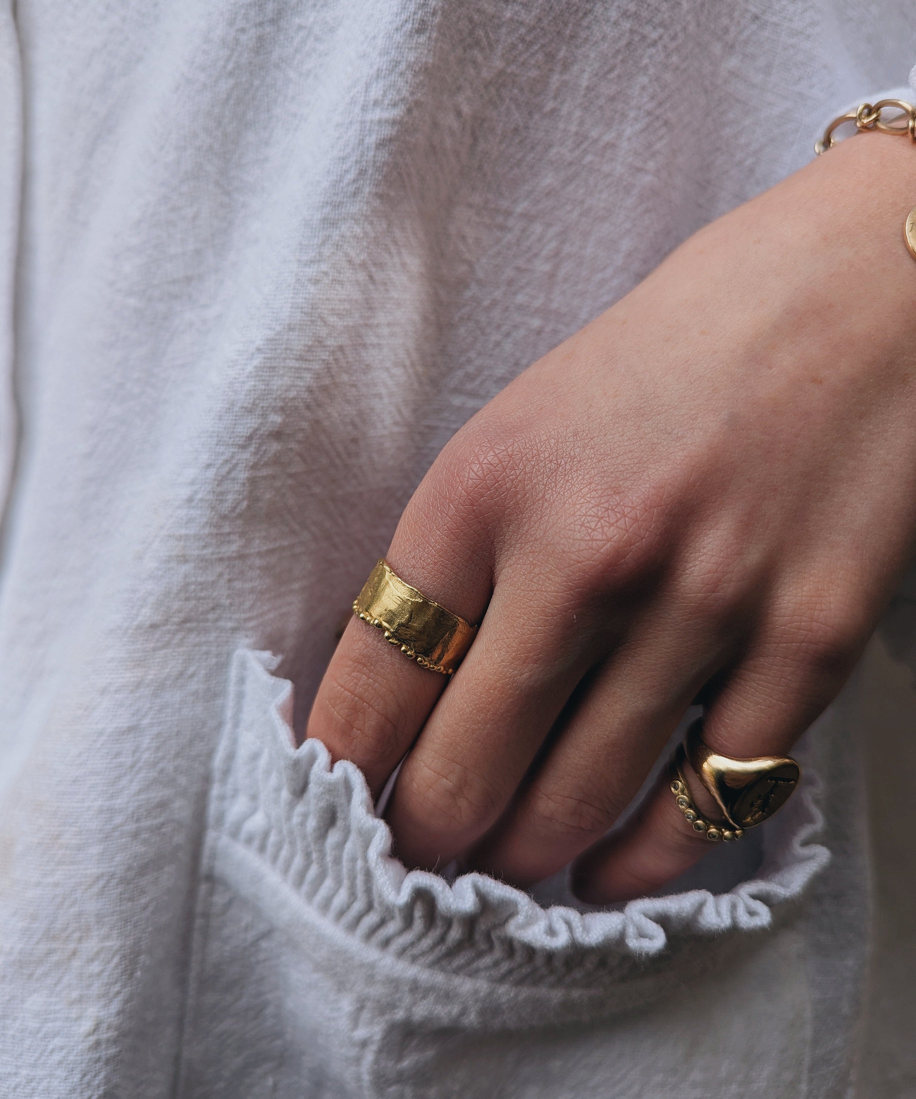 Milly-Maunder-Textured-Molten-Beaded-Edge-Mira-Cigar-Chunky-Statement-Ring-Gold-Plated-18ct-Rustic-Vintage-Heirloom