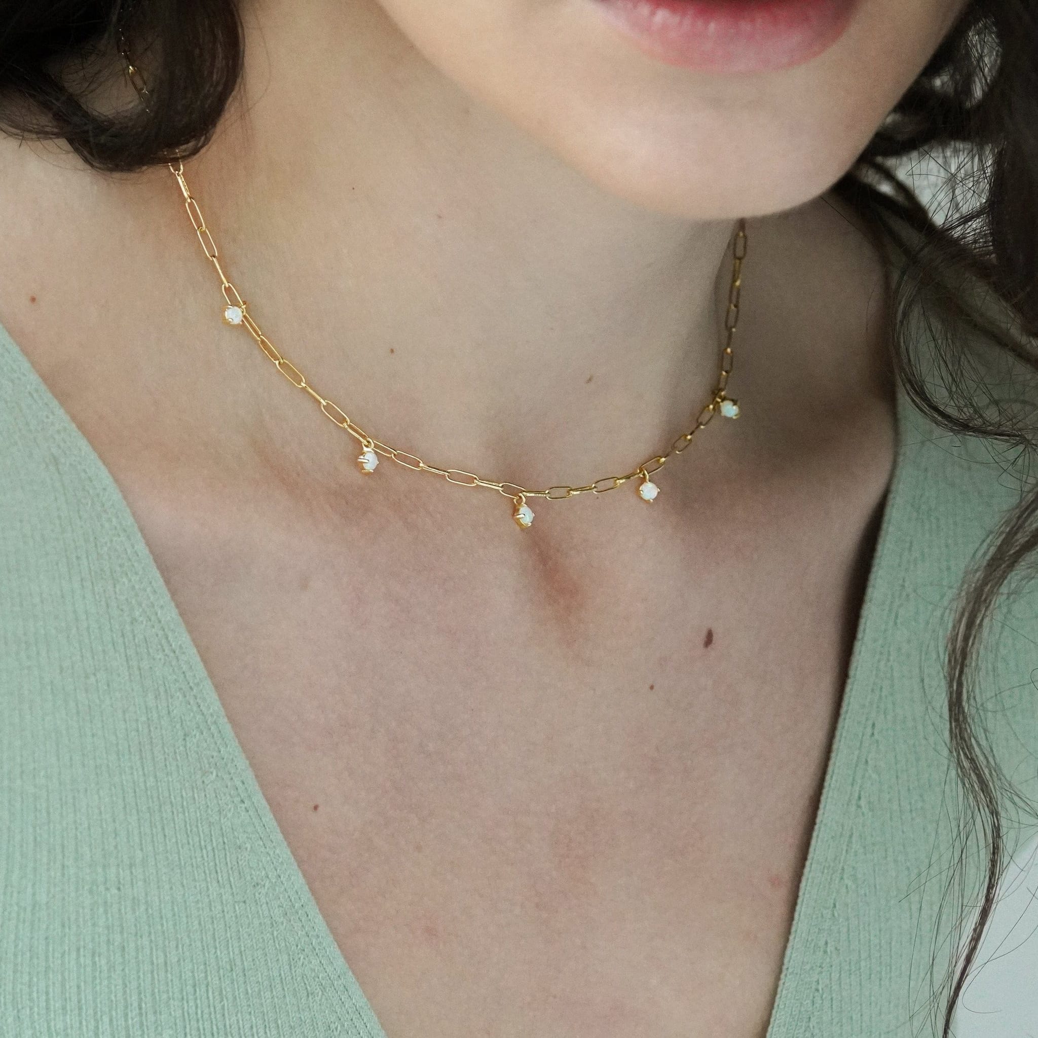 Junk Jewels-Opal-Stone-Pendant-Charm-Drop-Collar-Chain-Necklace-Gold-Silver