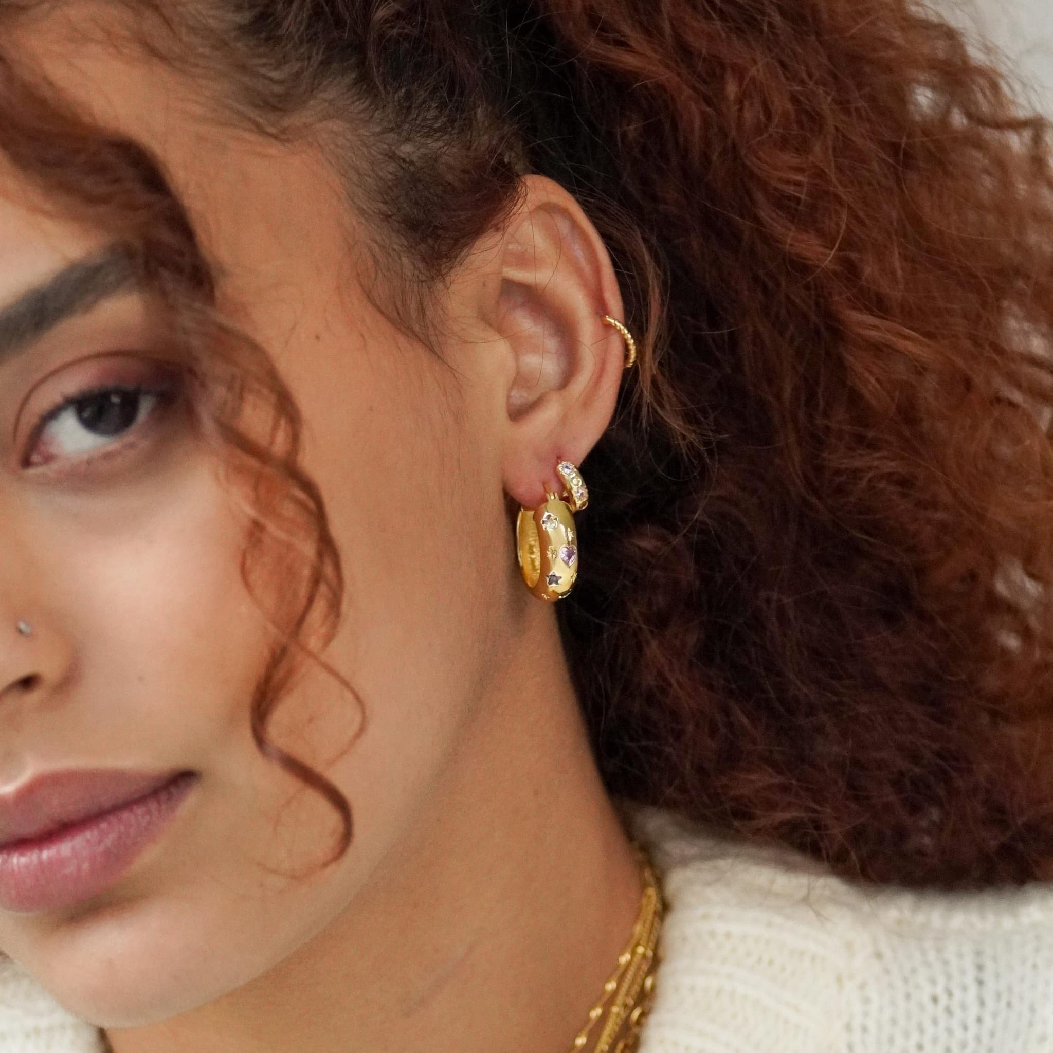 Junk-Jewels-Pastel-Stone-multicoloured-Star-Gemstone-Petite-Hoop-Huggie-Earrings-Gold