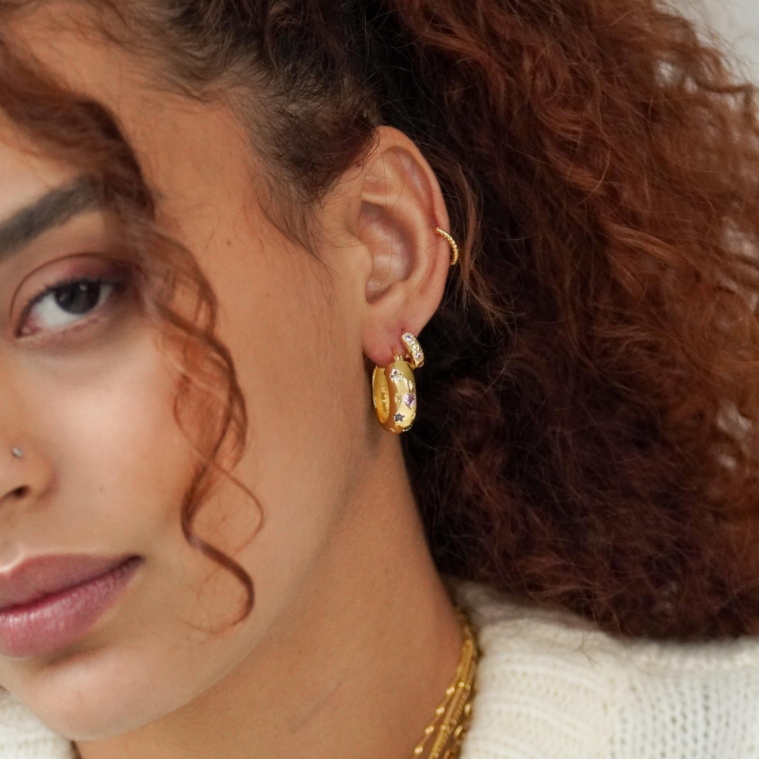 Junk-Jewels-Pastel-Stone-multicoloured-Star-Gemstone-Petite-Hoop-Huggie-Earrings-Gold