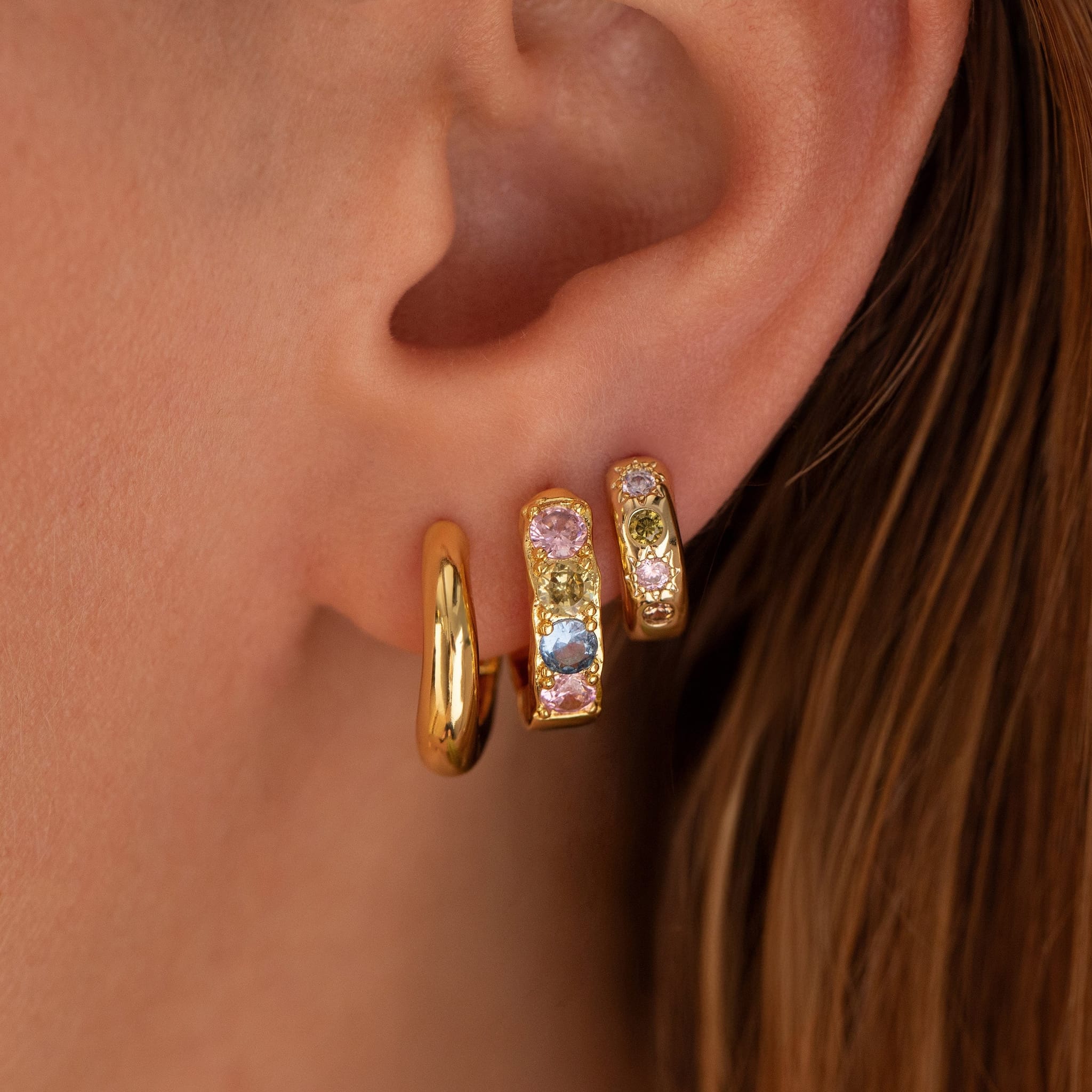 Junk-Jewels-Pastel-Stone-Pink-Purple-Green-Blue-Textured-Hoop-Huggie-Earrings-Gold