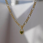 Junk-Jewels-Peridot-Green-Stone-Gemstone-Heart-Pendant-Chunky-Figaro-Chain-Necklace-Gold-Plated-Stone