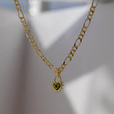 Junk-Jewels-Peridot-Green-Stone-Gemstone-Heart-Pendant-Chunky-Figaro-Chain-Necklace-Gold-Plated-Stone