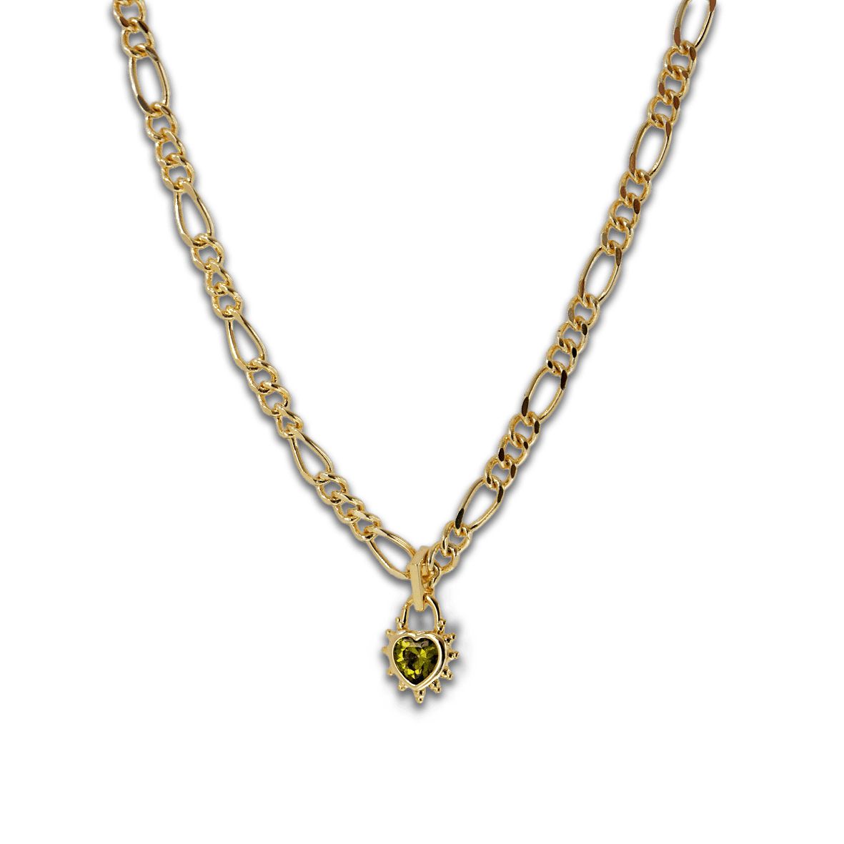 Junk-Jewels-Peridot-Heart-Pendant-Chunky-Figaro-Chain-Necklace-Gold-Plated-Stone